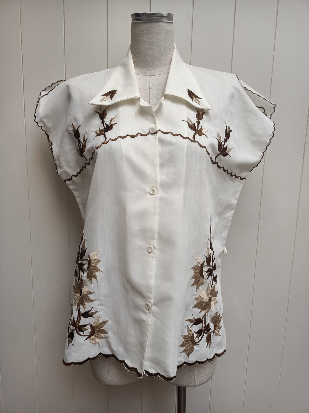 Vintage Cream with Brown Embroidered Shirt