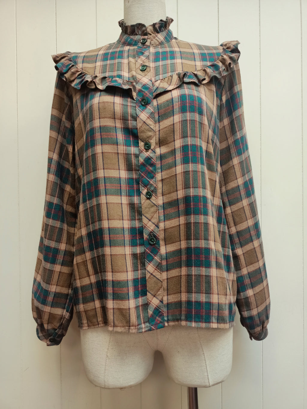 Vintage Brown Plaid Ruffle Shirt
