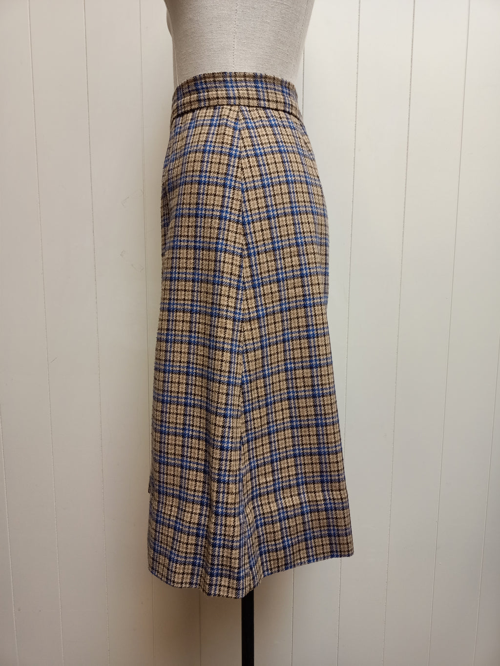 Vintage Beige & Blue Plaid Skirt