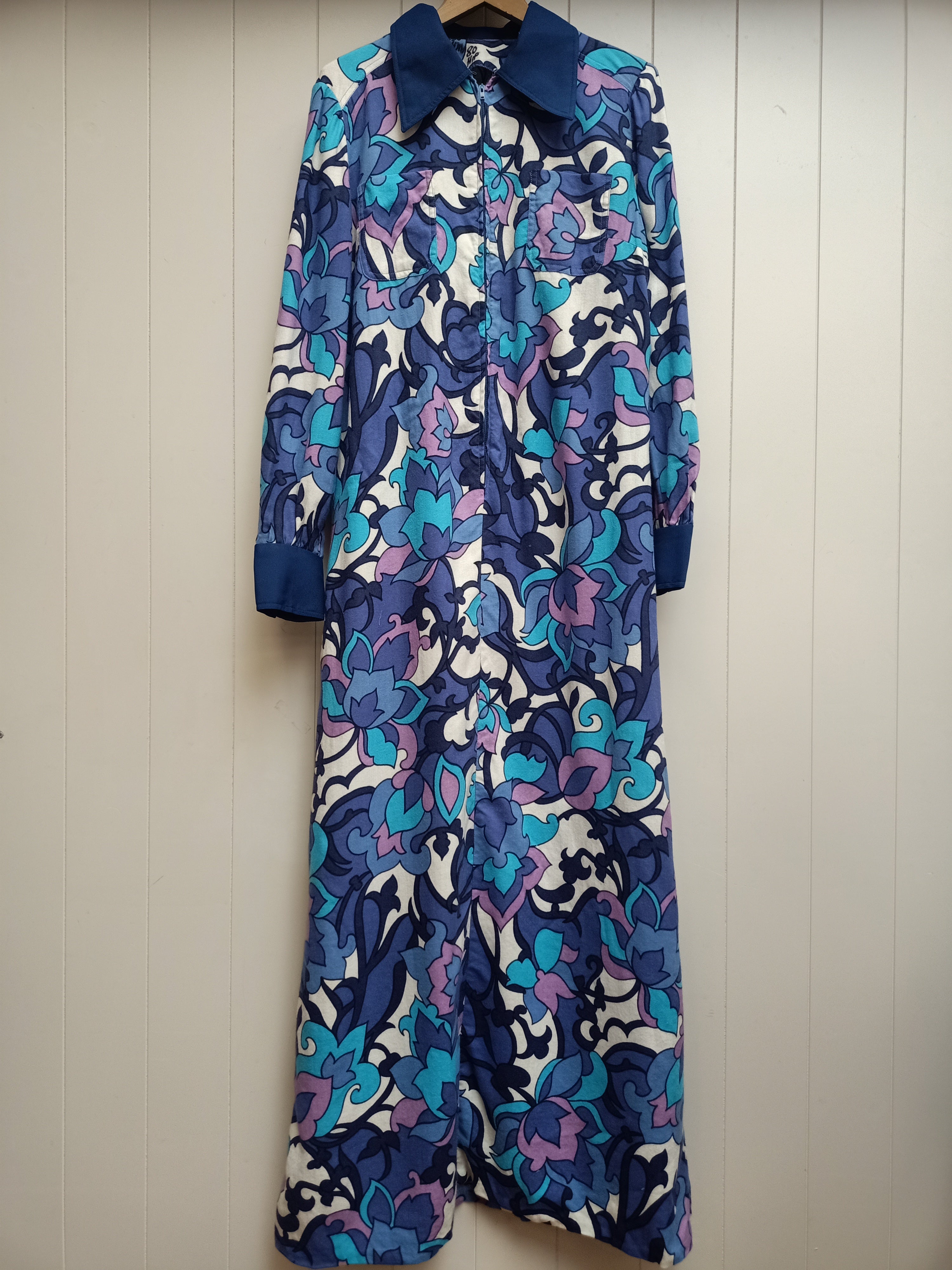 Vintage Blue Floral Zip Front Maxi Dress