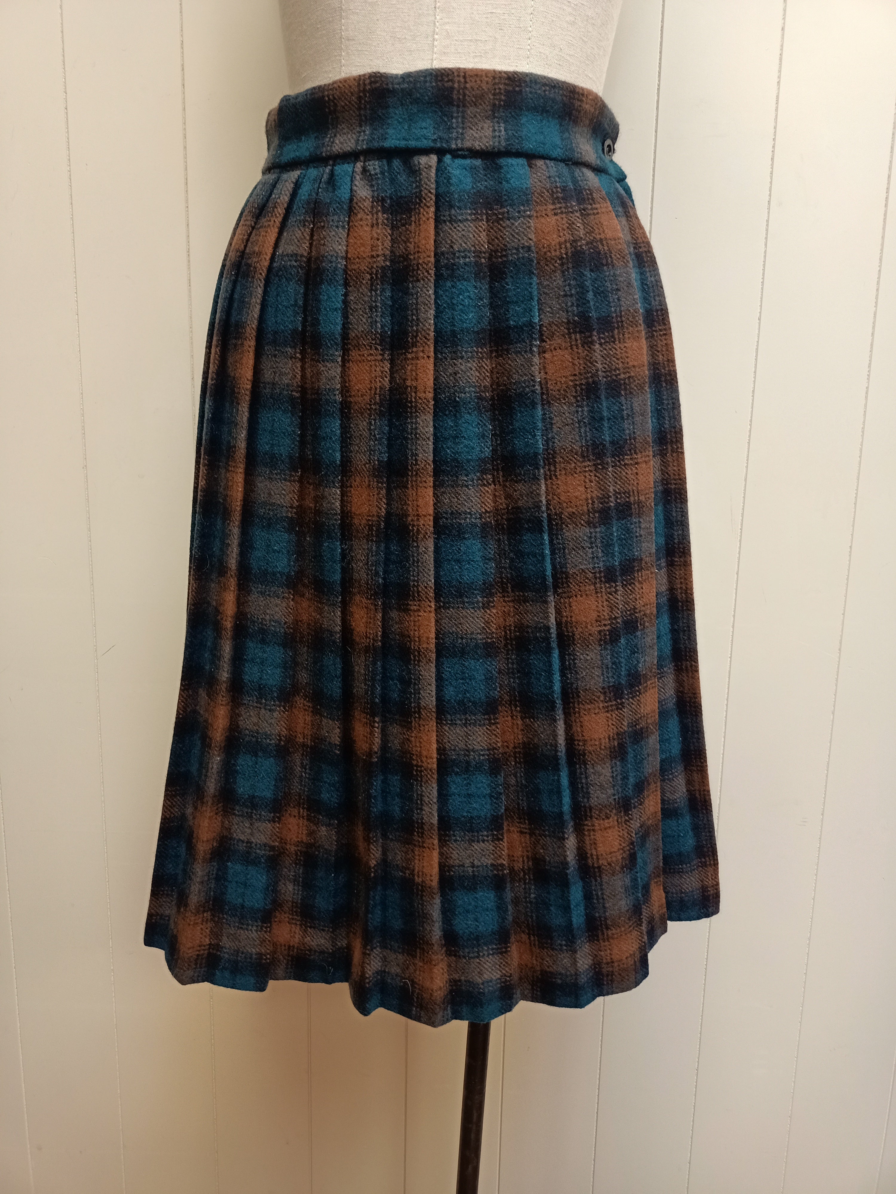 Vintage Teal And Brown Checkered Skirt