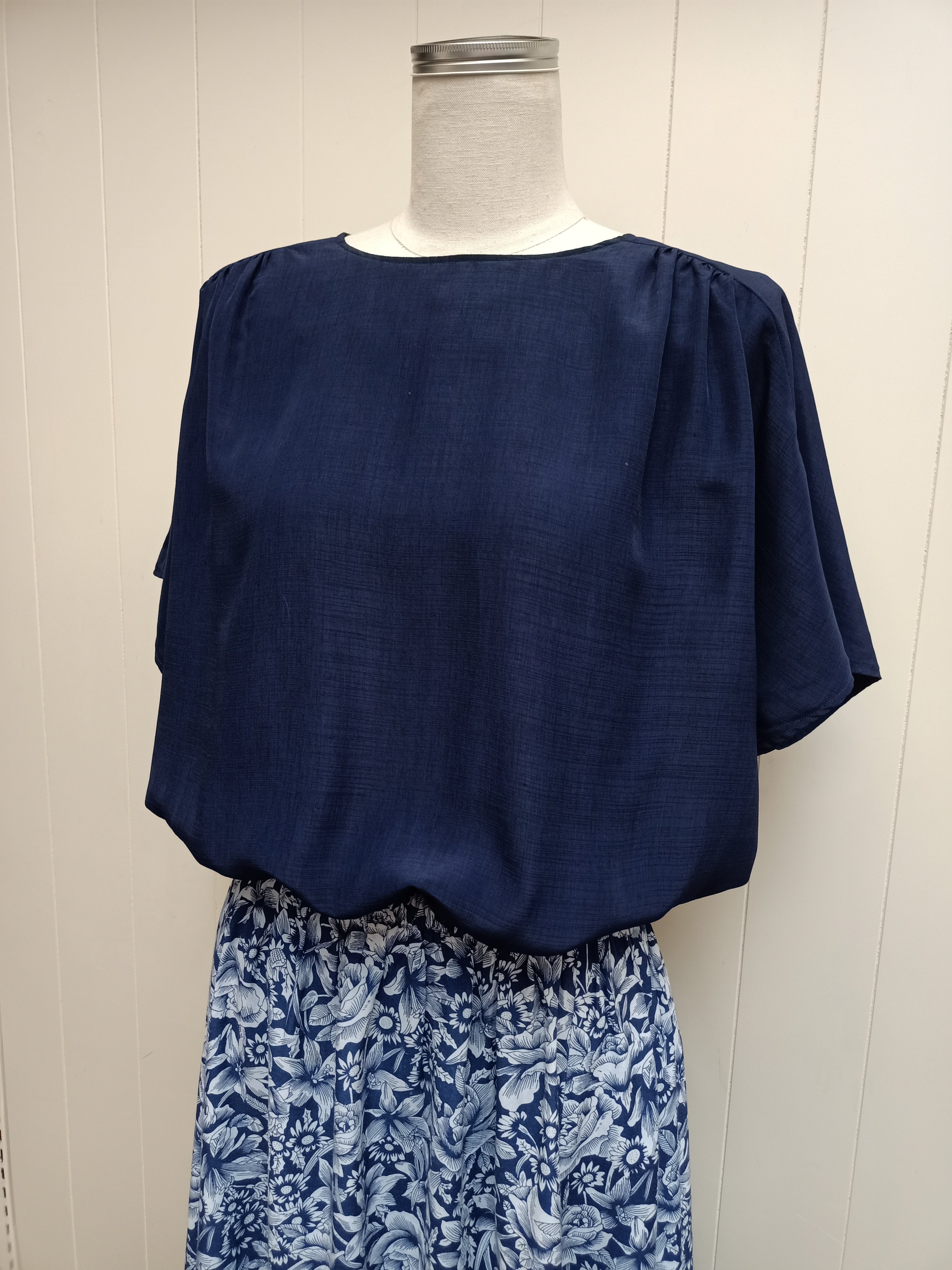 Vintage Solid & Floral Navy Dress