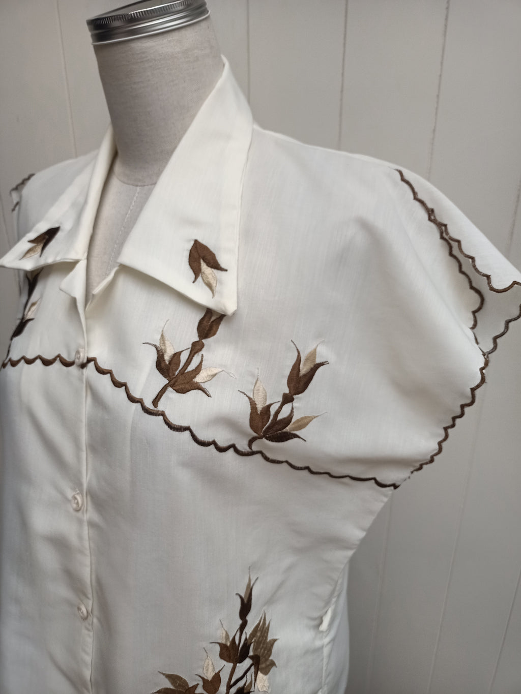Vintage Cream with Brown Embroidered Shirt