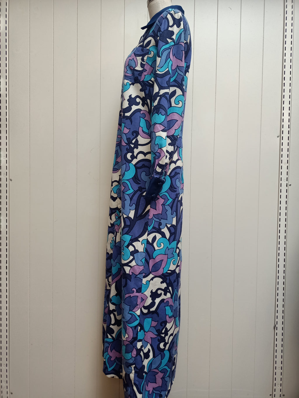 Vintage Blue Floral Zip Front Maxi Dress