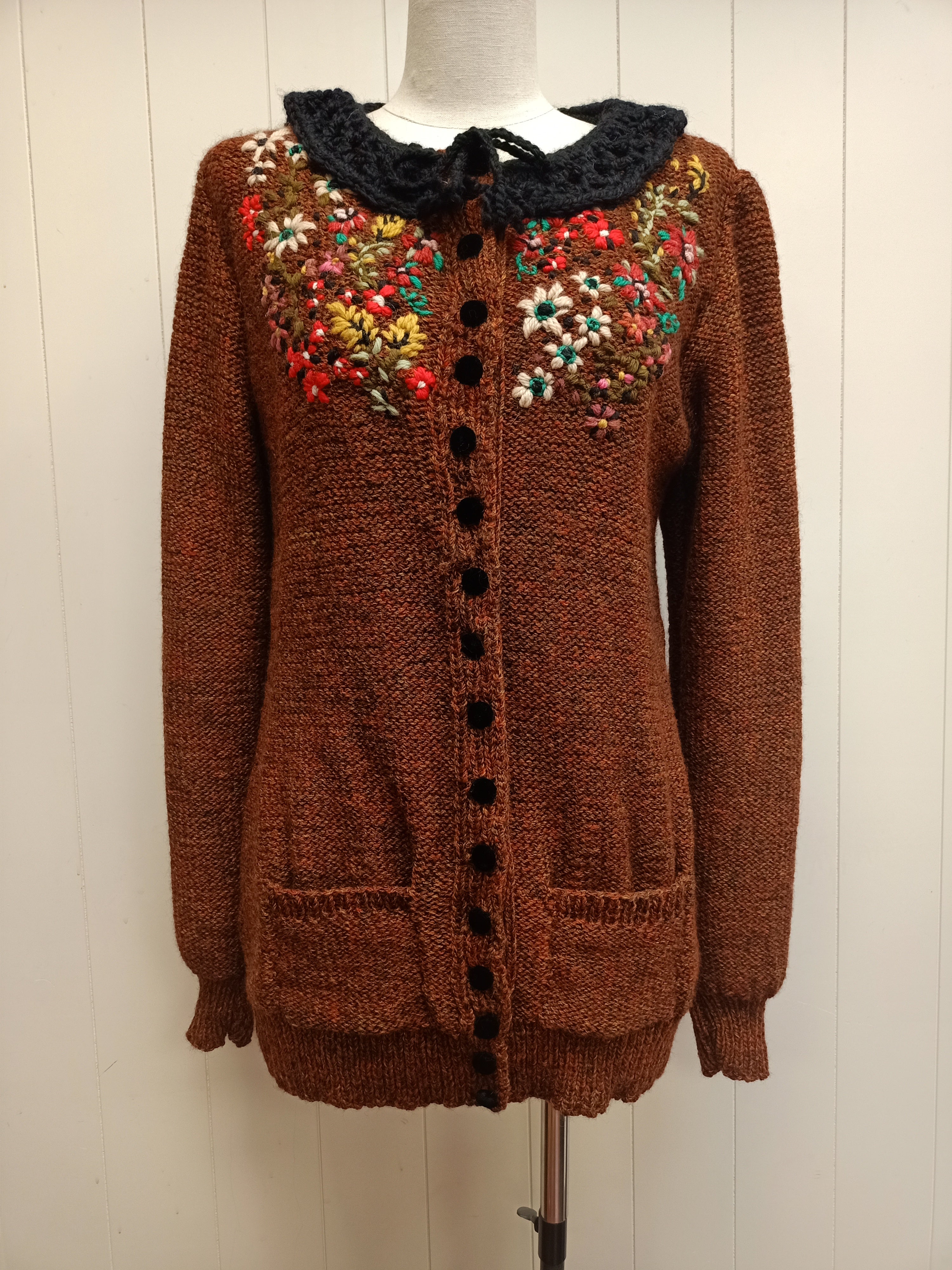 Vintage Floral Knit Faux Cardigan Sweater