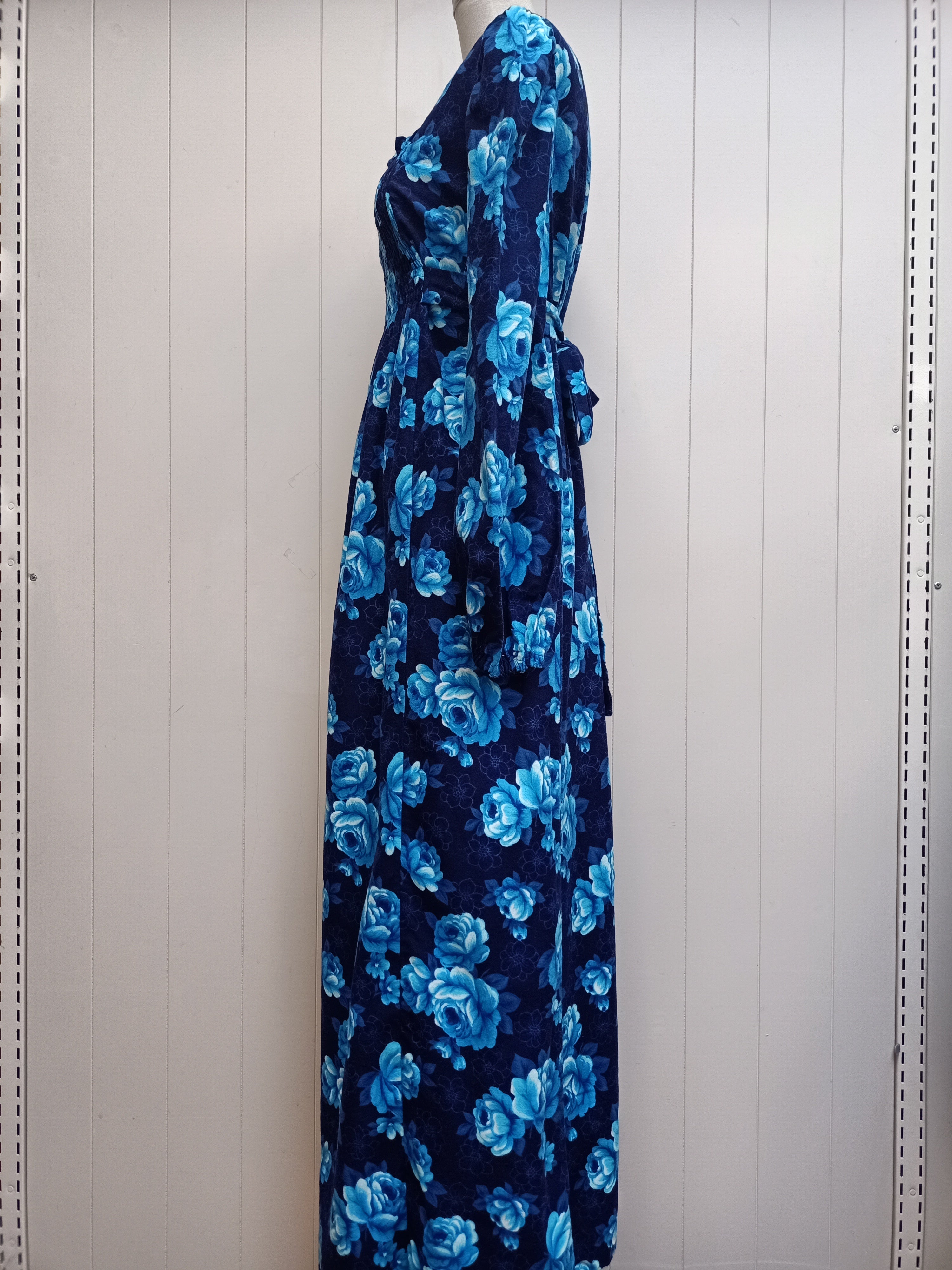 Vintage Blue Floral Shirred Maxi Dress