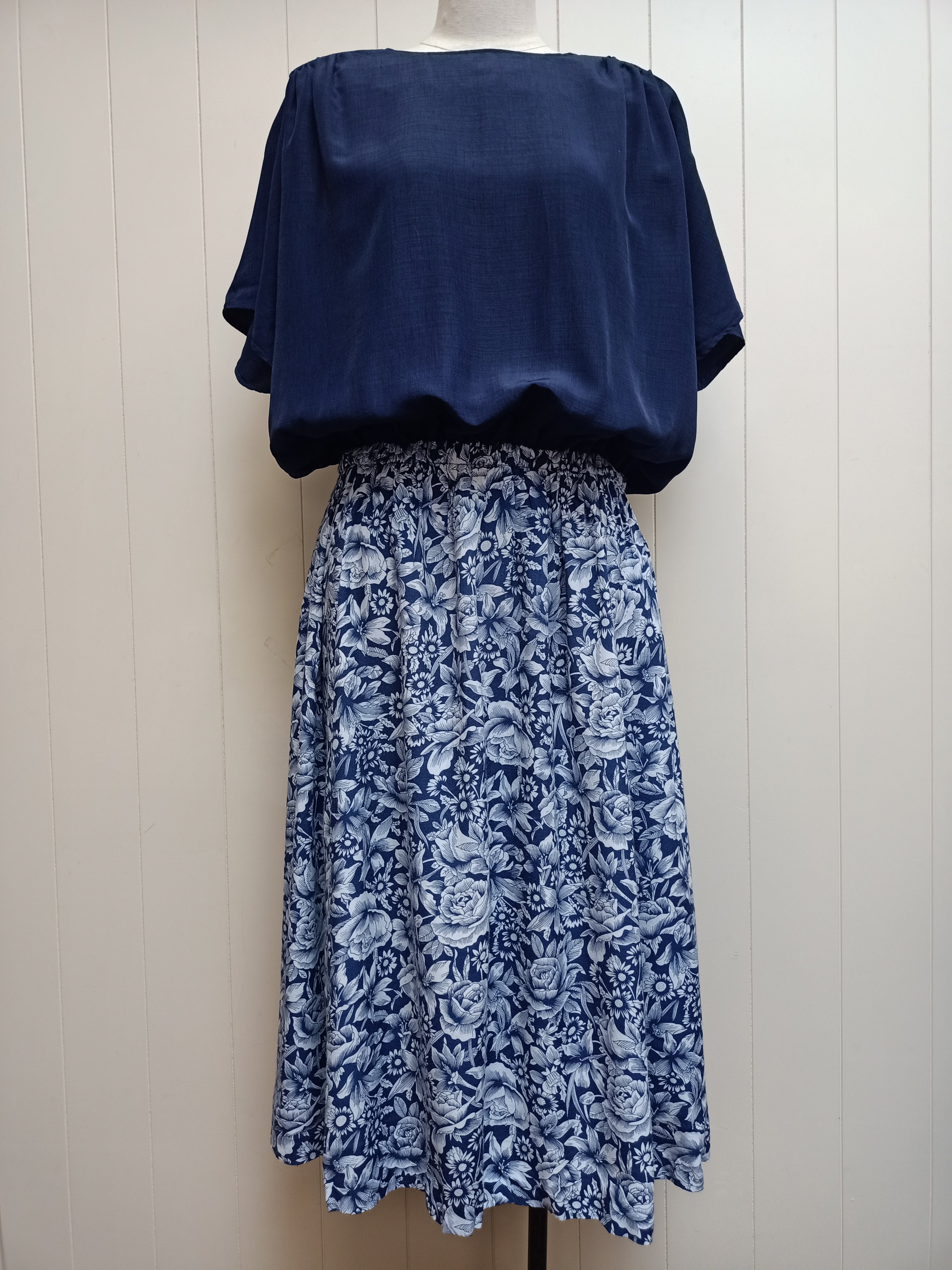 Vintage Solid & Floral Navy Dress
