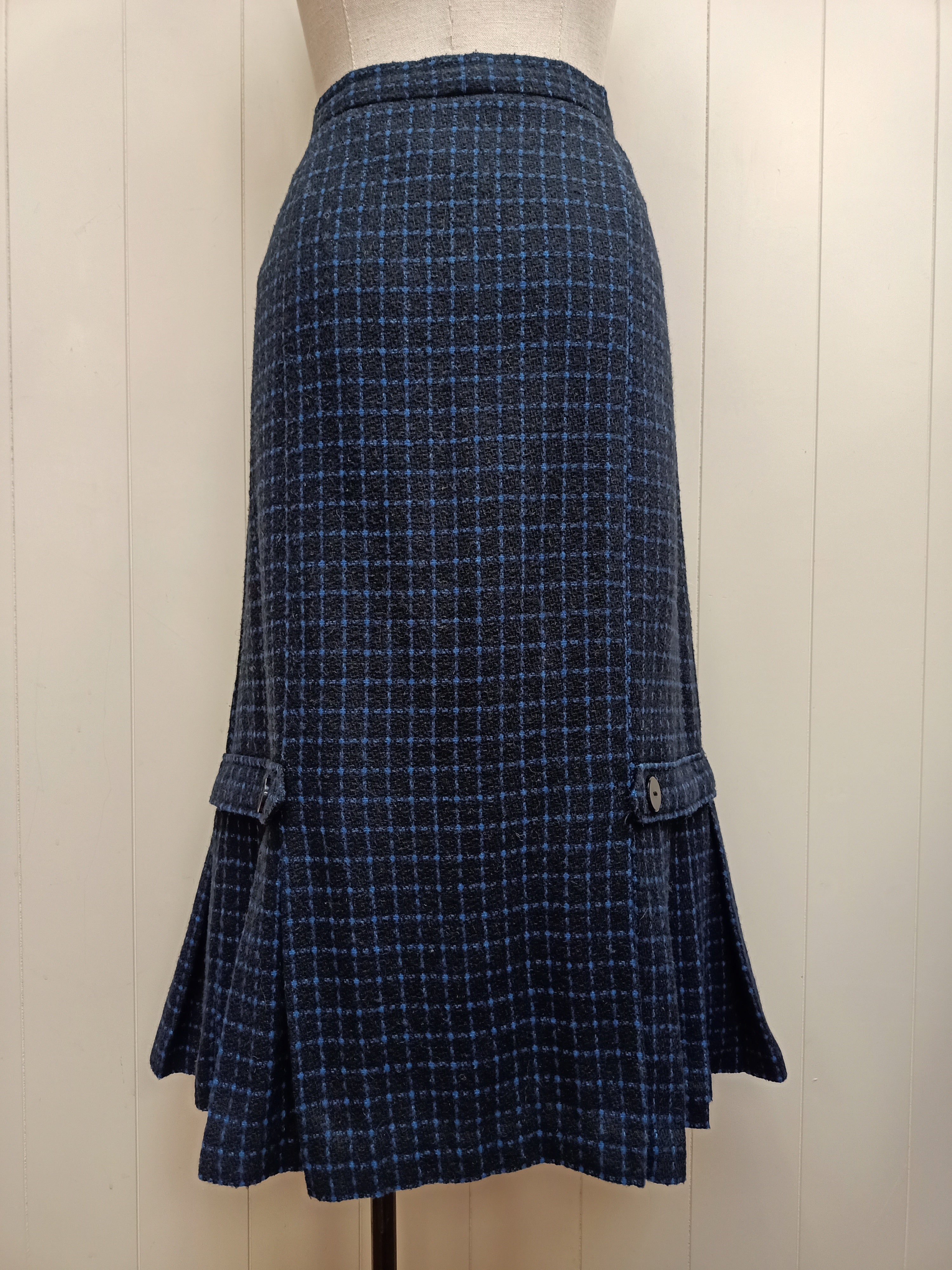 Vintage Black & Blue Windowpane Plaid Skirt