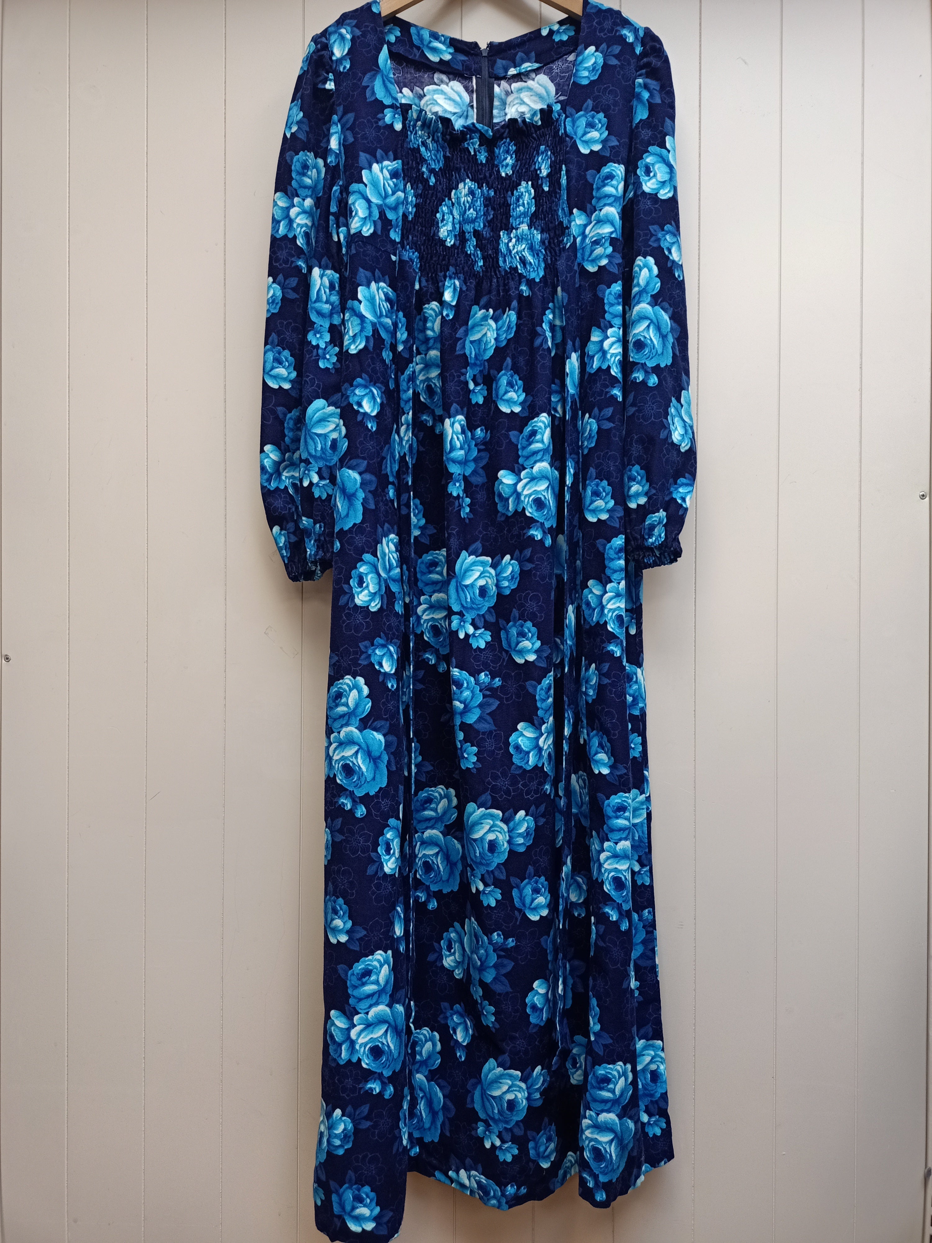 Vintage Blue Floral Shirred Maxi Dress
