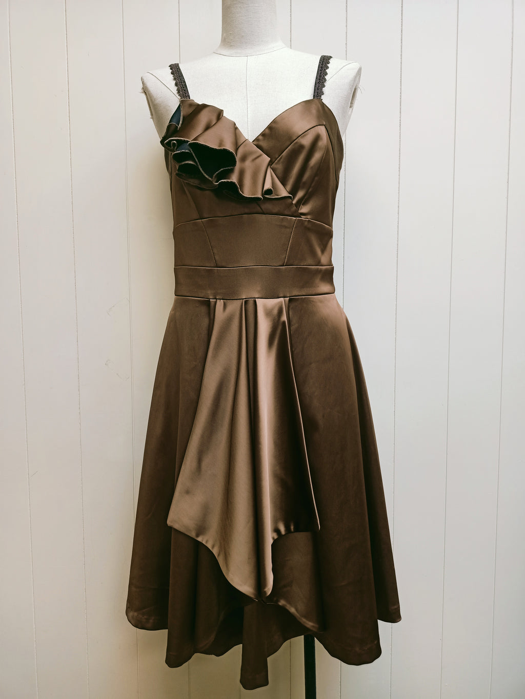 Cue Olive Brown Ruffle Satin Dress
