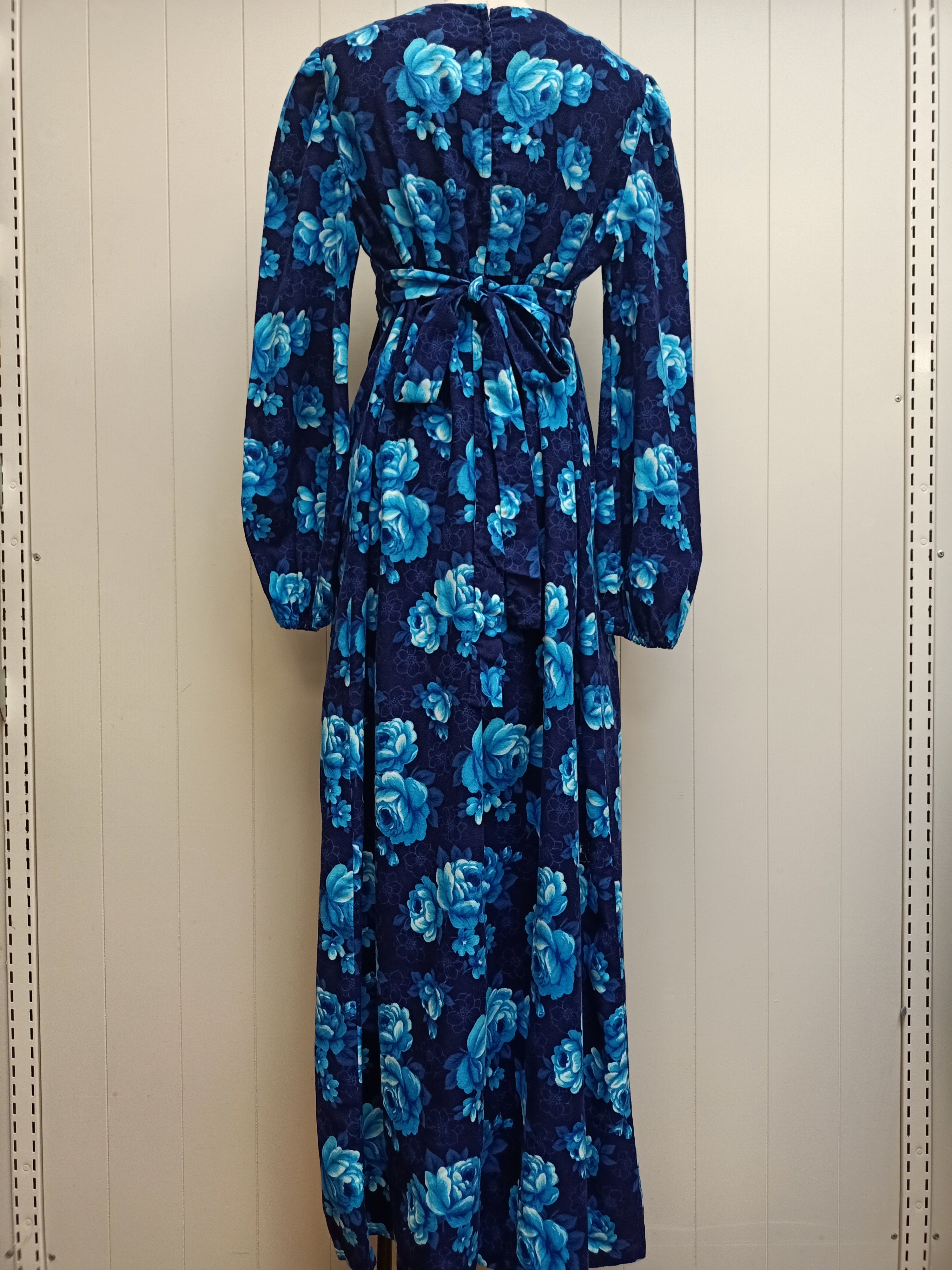 Vintage Blue Floral Shirred Maxi Dress