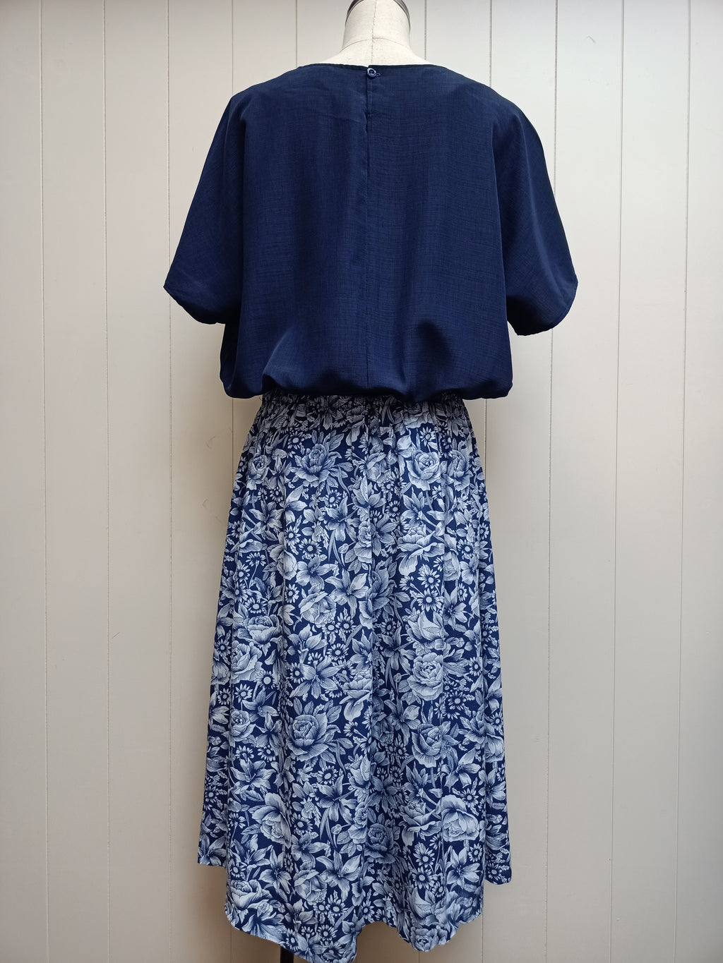 Vintage Solid & Floral Navy Dress