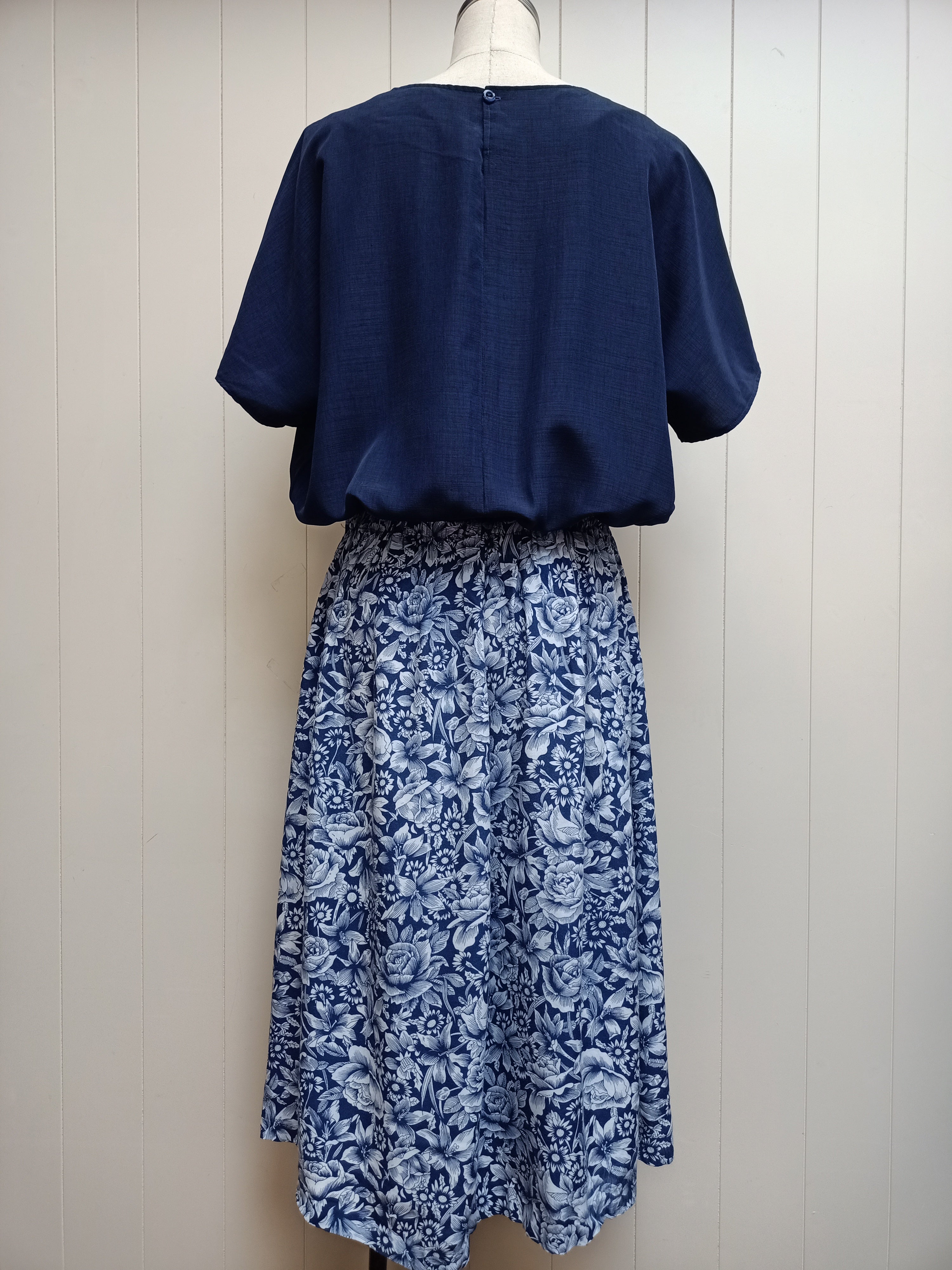 Vintage Solid & Floral Navy Dress