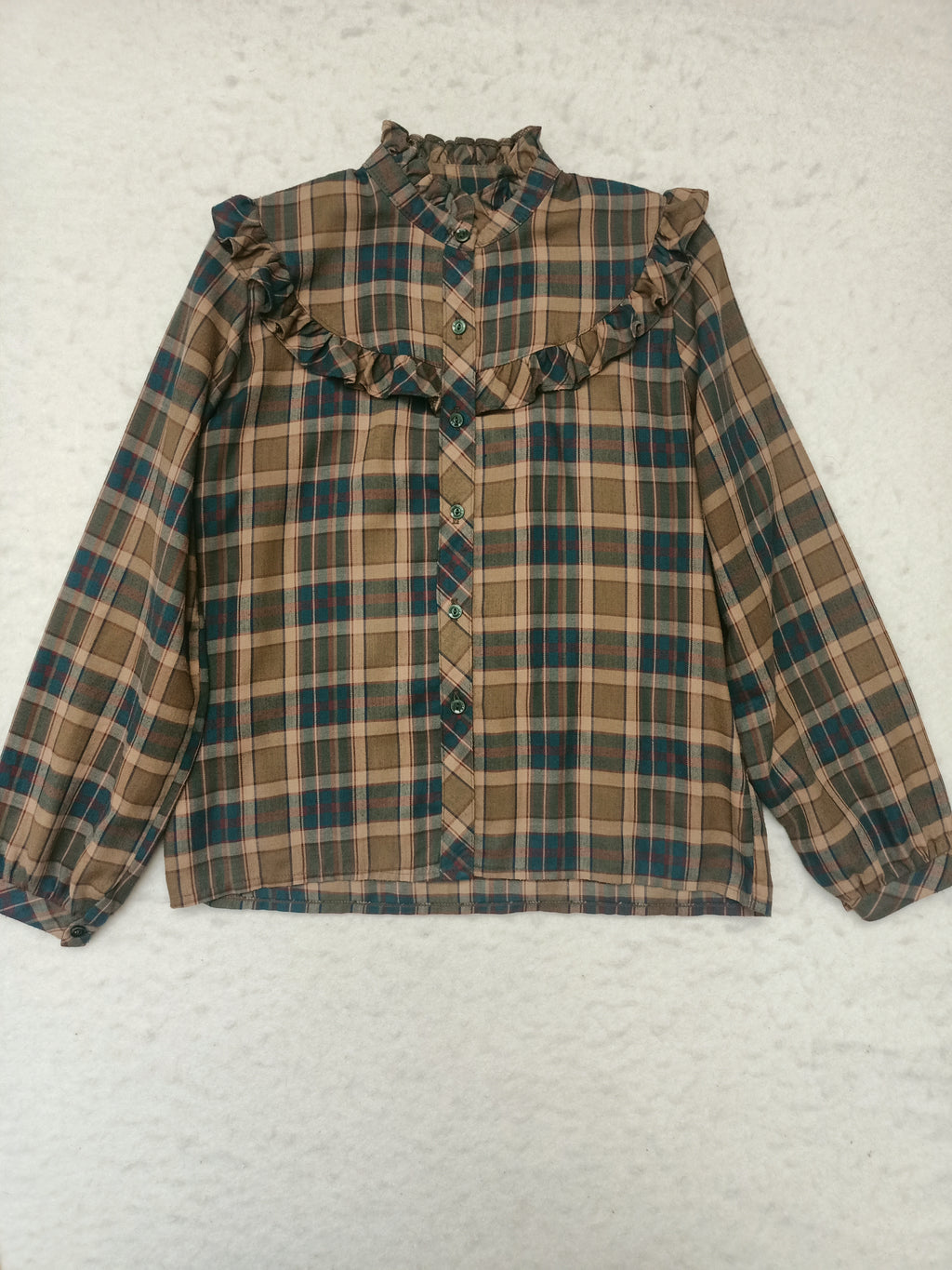 Vintage Brown Plaid Ruffle Shirt