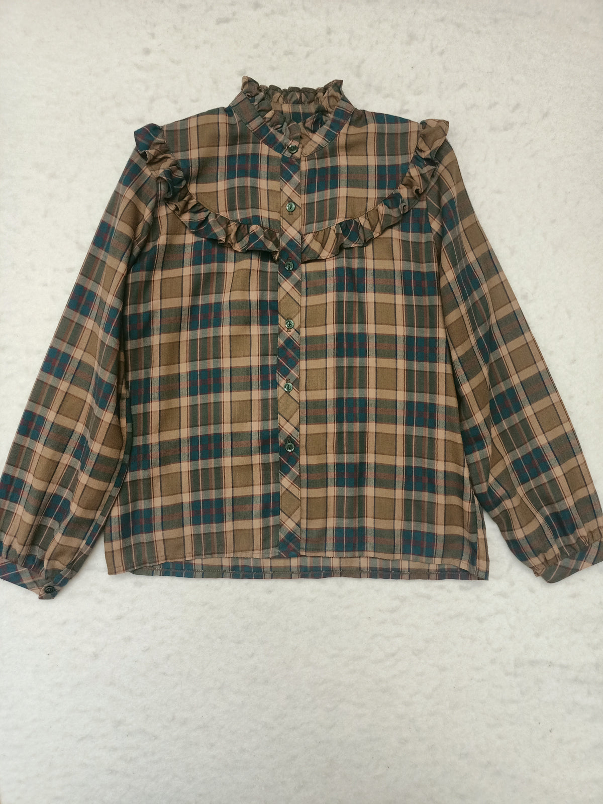 Vintage Brown Plaid Ruffle Shirt