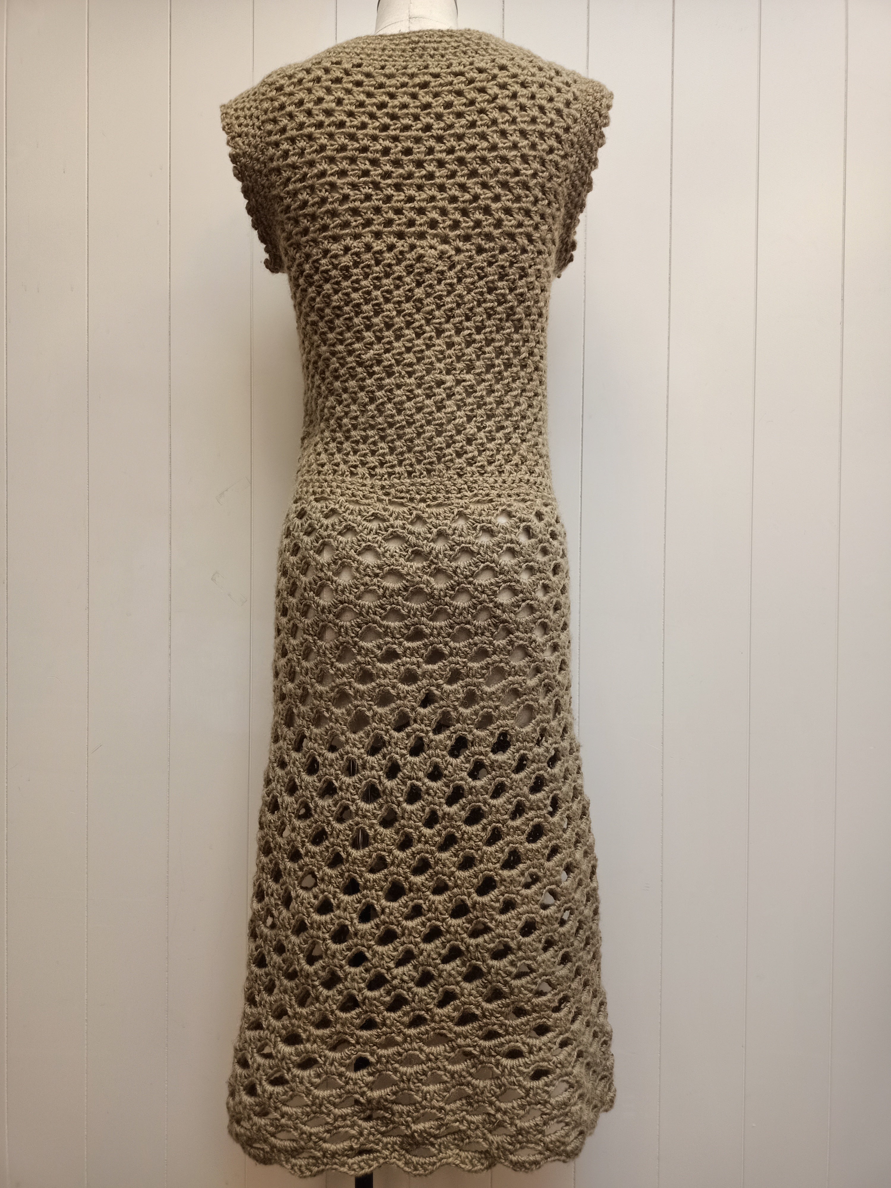 Retro Khaki Green Crochet Dress