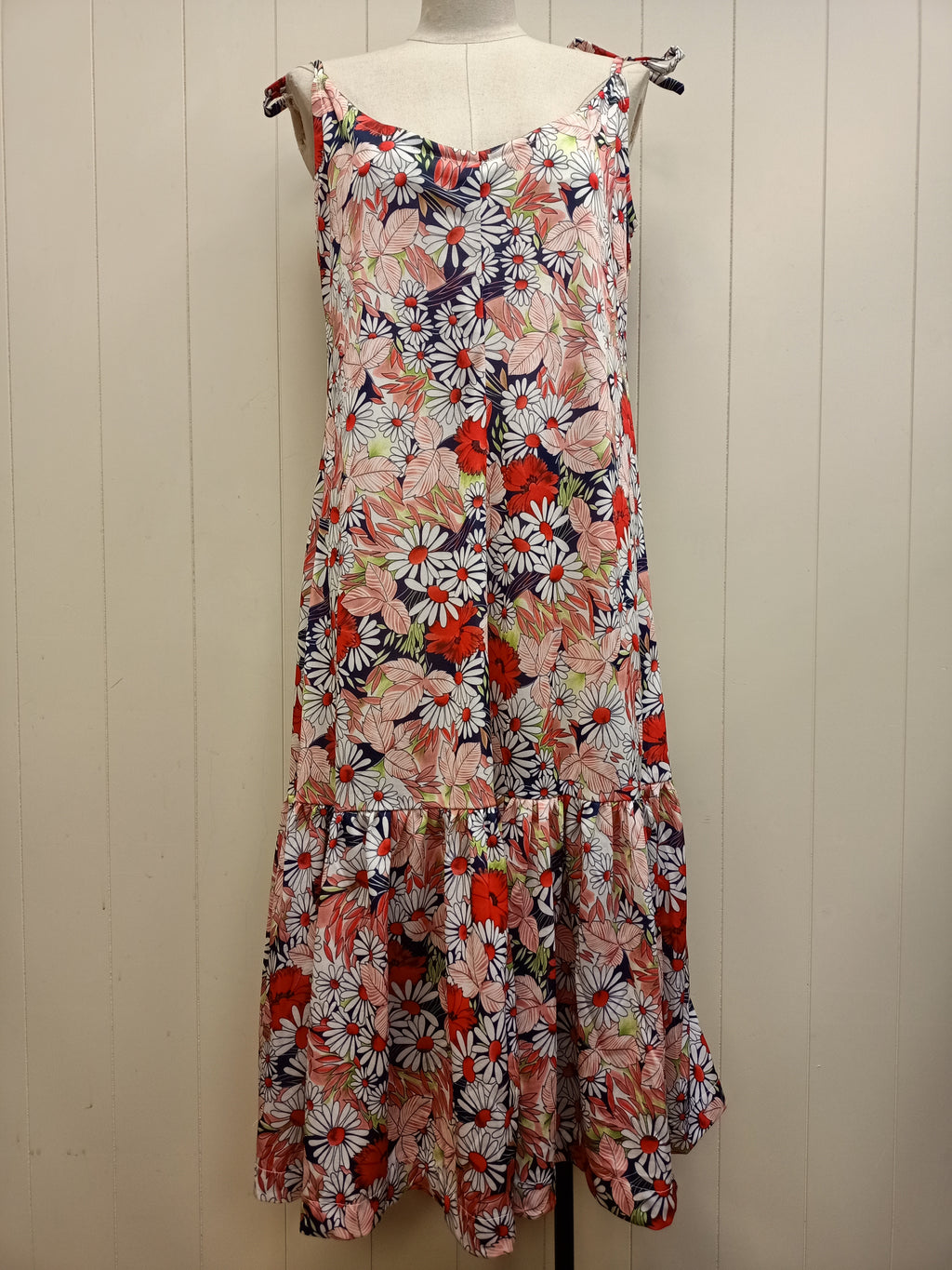 Vintage Red & Coral Floral Tiered Dress