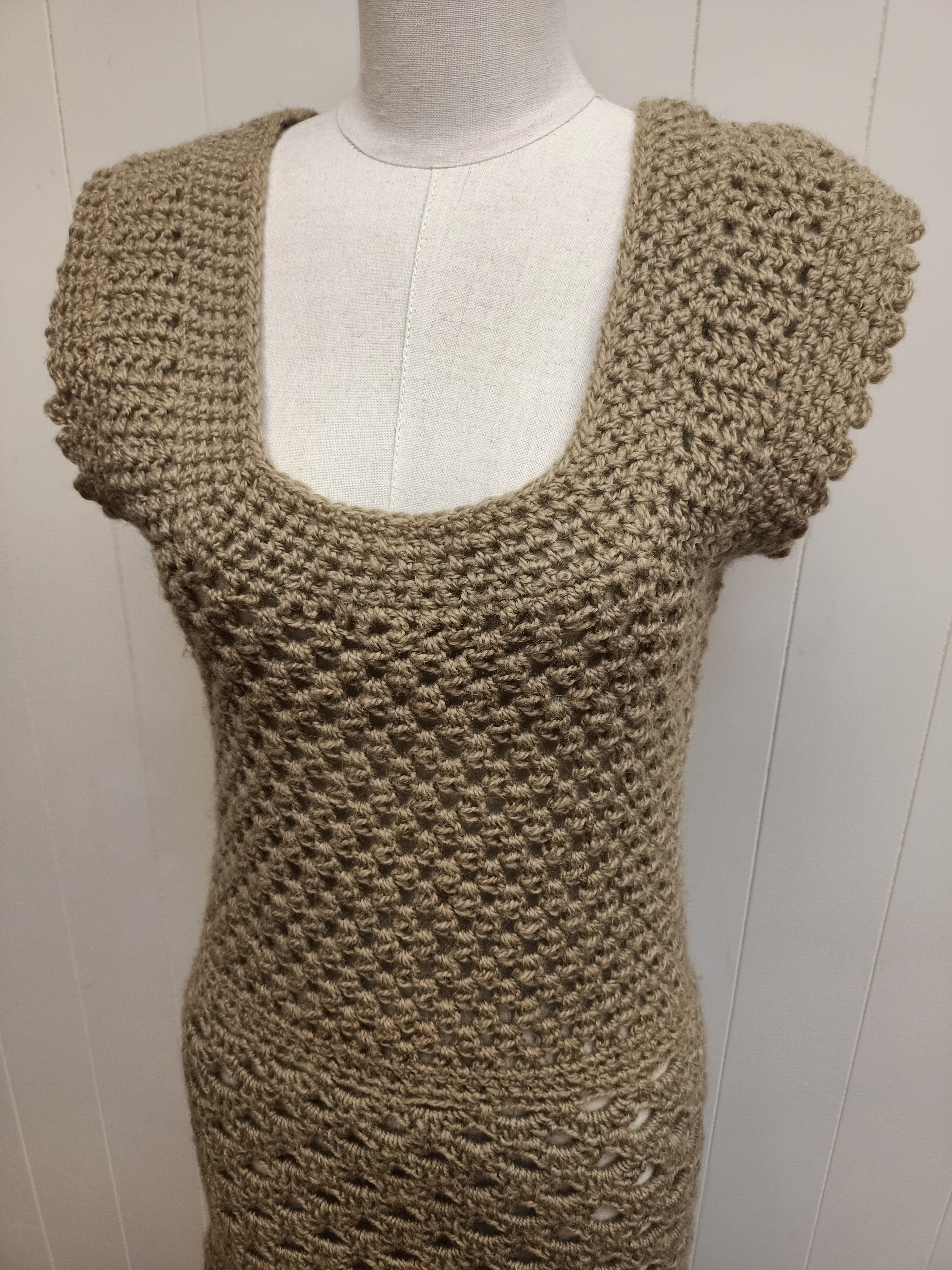 Retro Khaki Green Crochet Dress