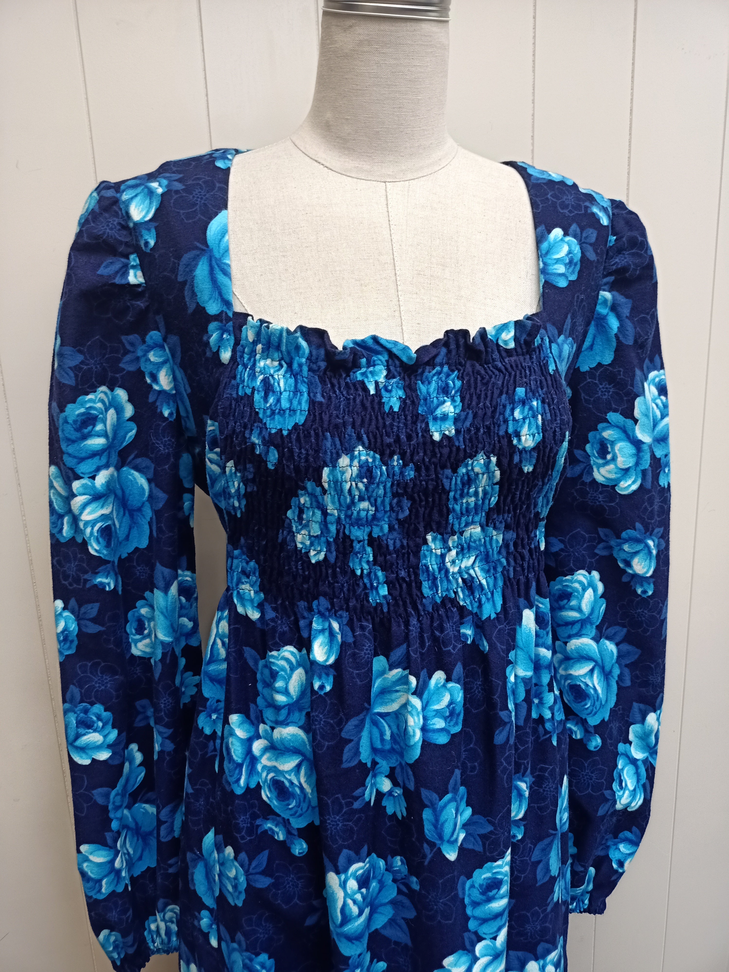 Vintage Blue Floral Shirred Maxi Dress