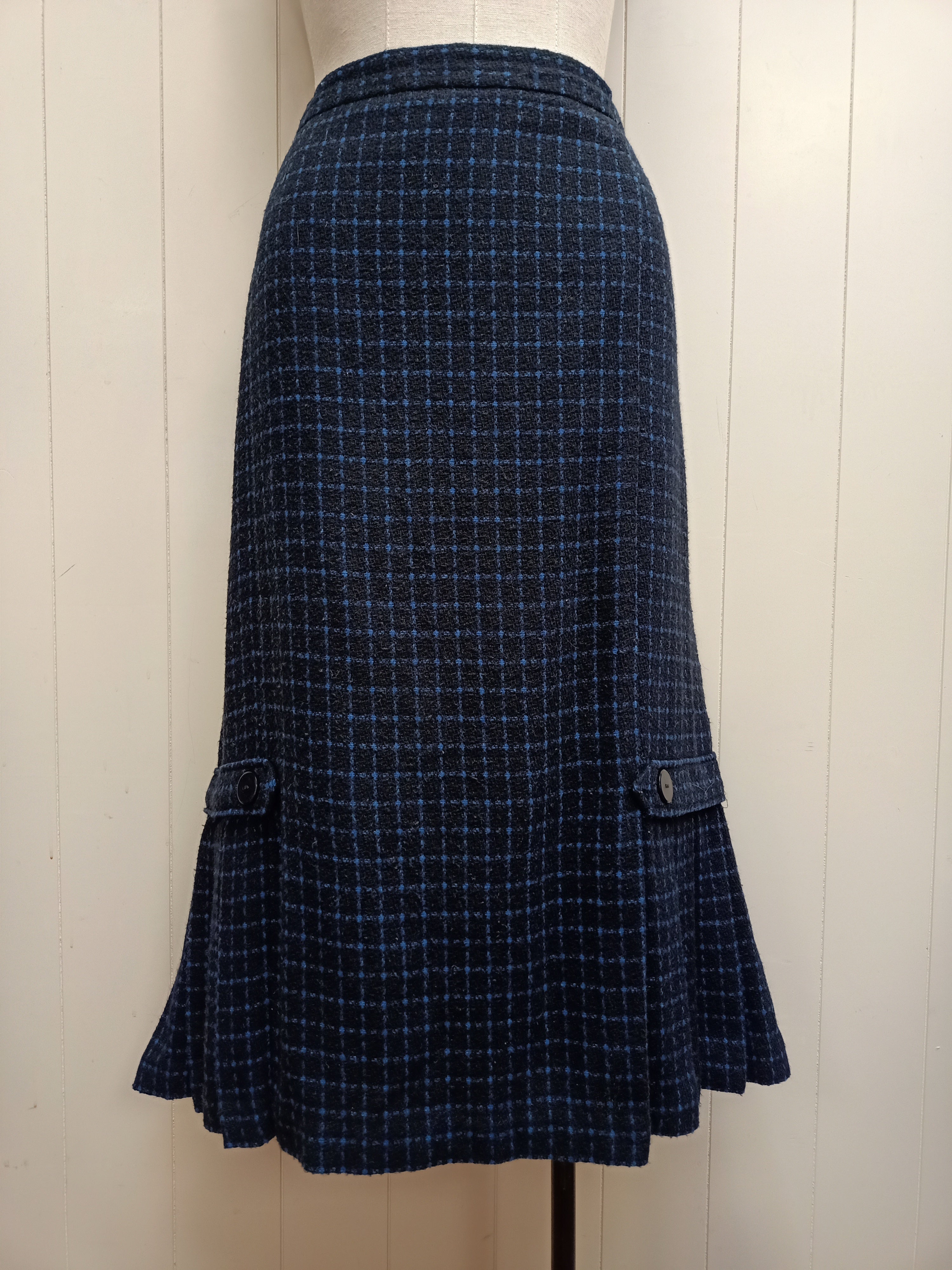 Vintage Black & Blue Windowpane Plaid Skirt