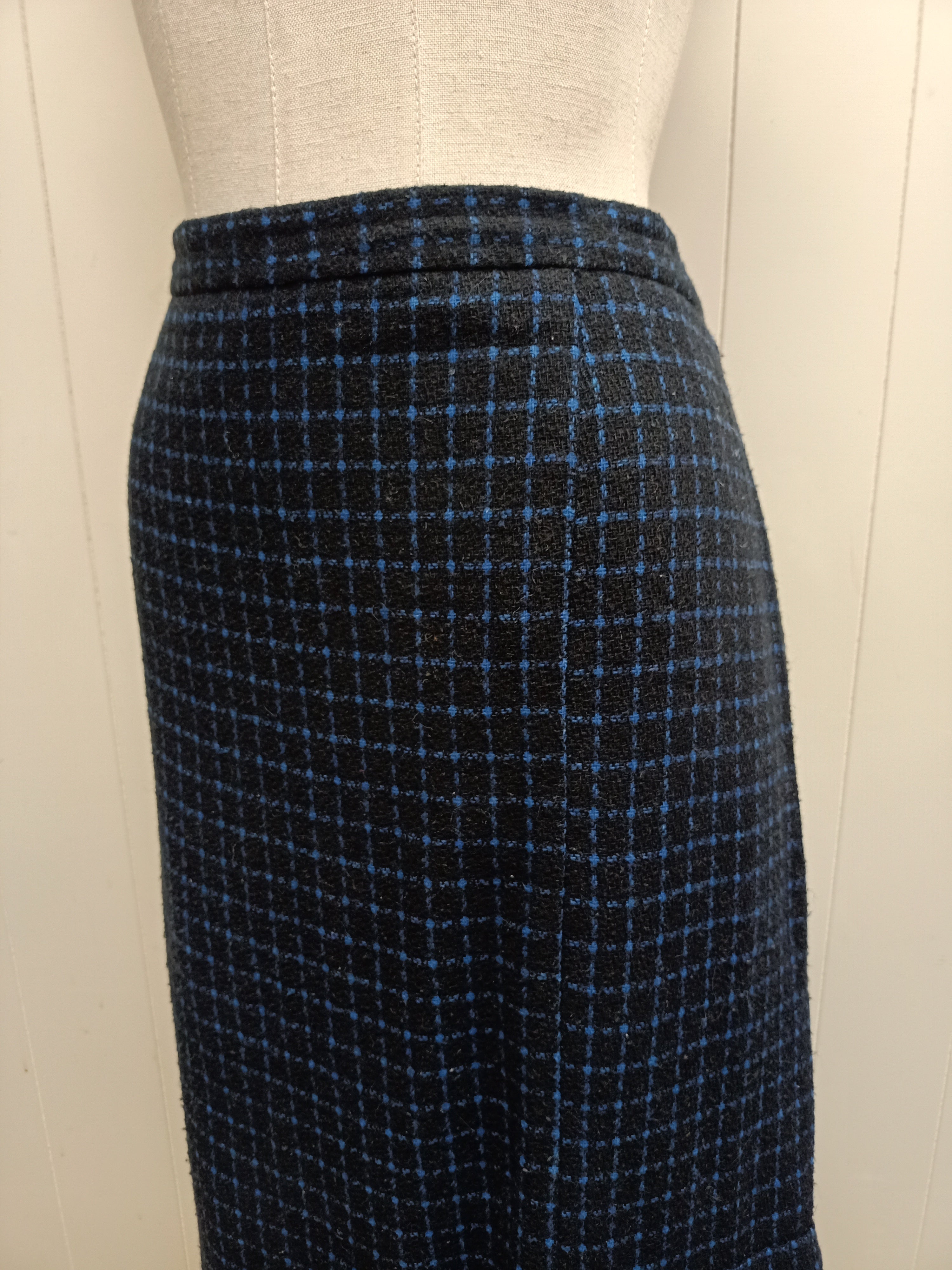 Vintage Black & Blue Windowpane Plaid Skirt