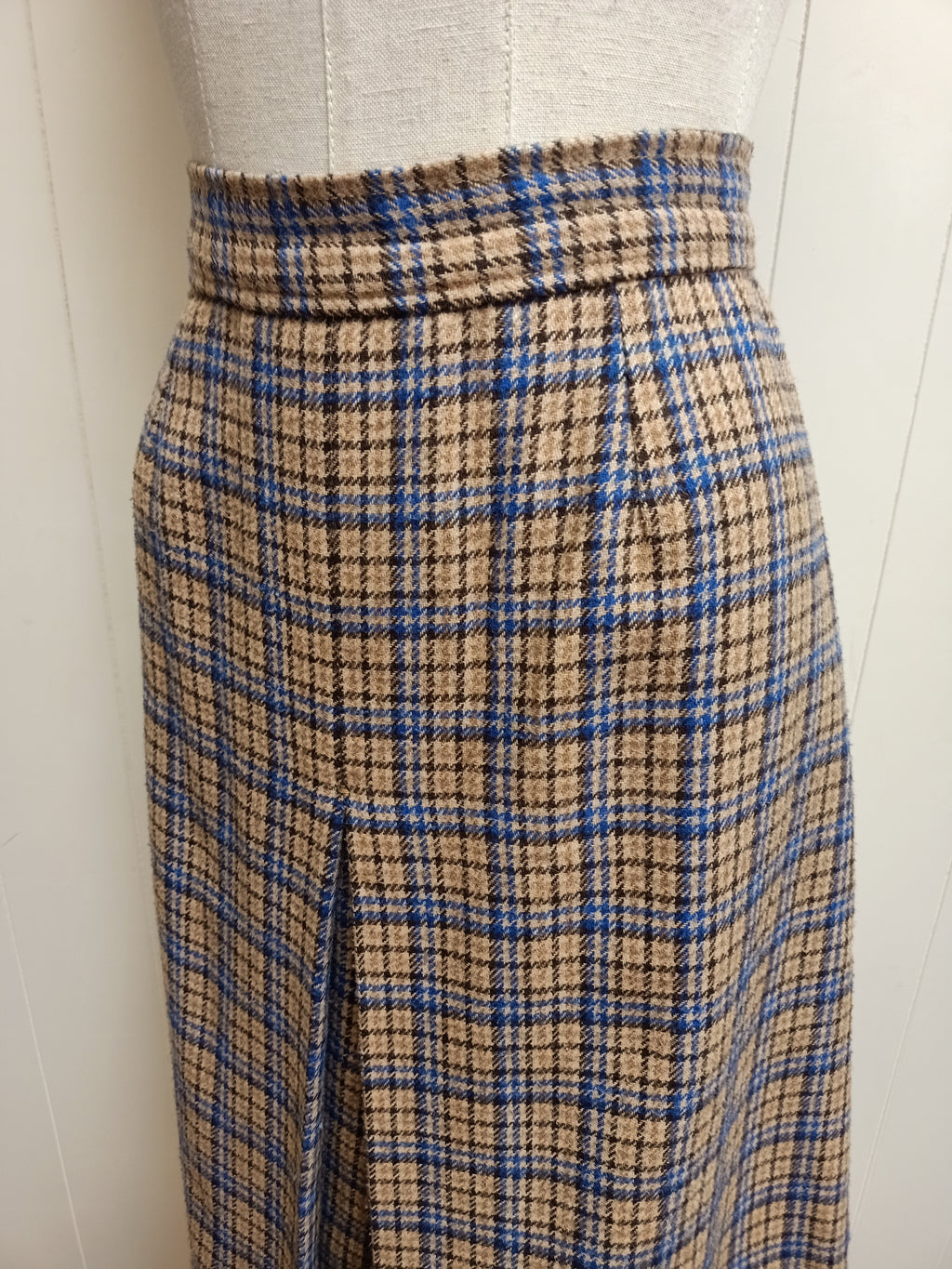 Vintage Beige & Blue Plaid Skirt