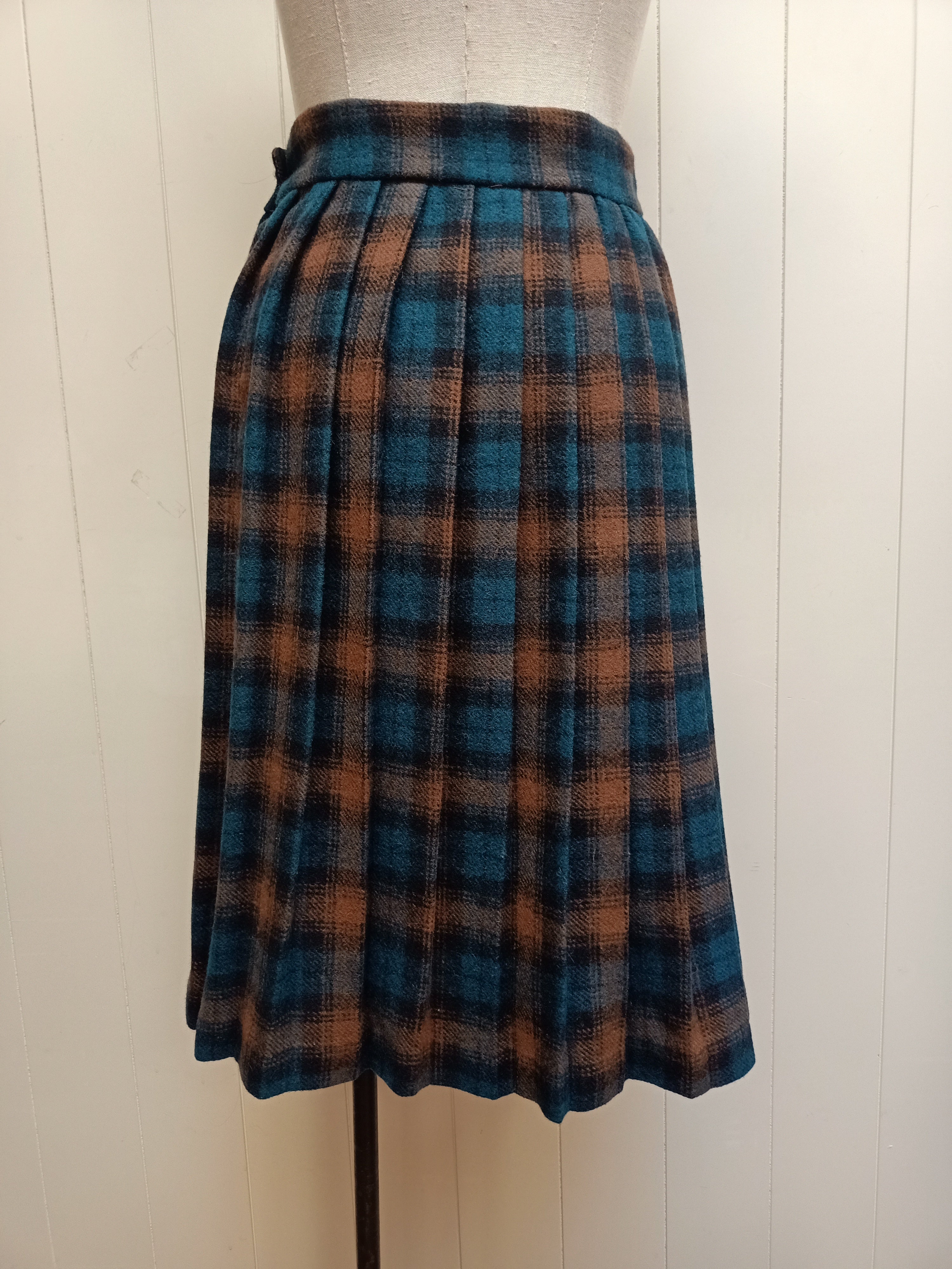 Vintage Teal And Brown Checkered Skirt