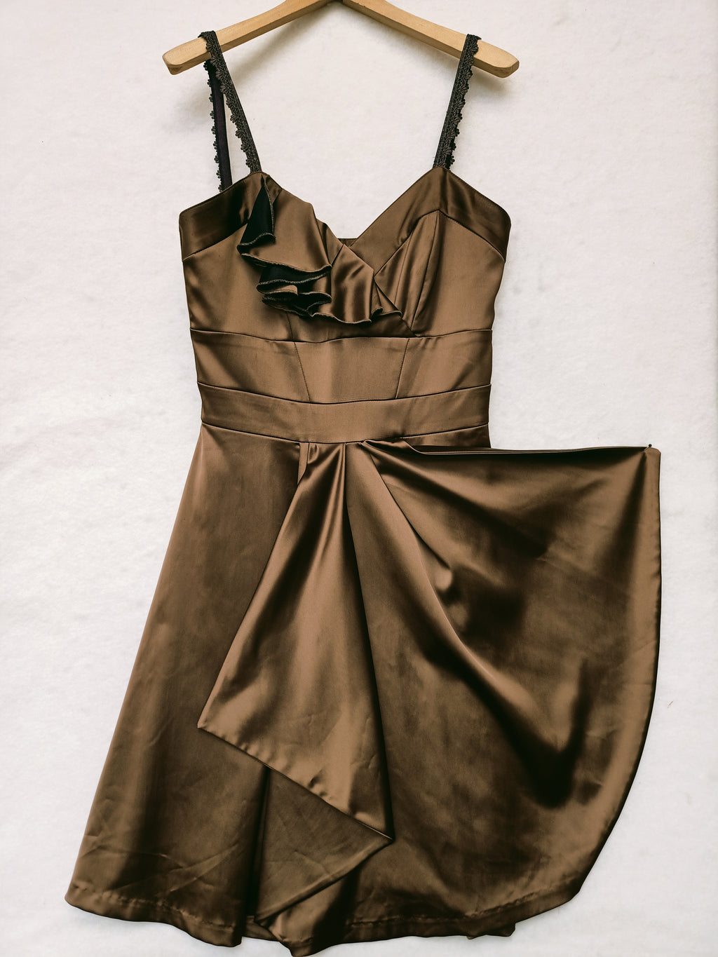 Cue Olive Brown Ruffle Satin Dress
