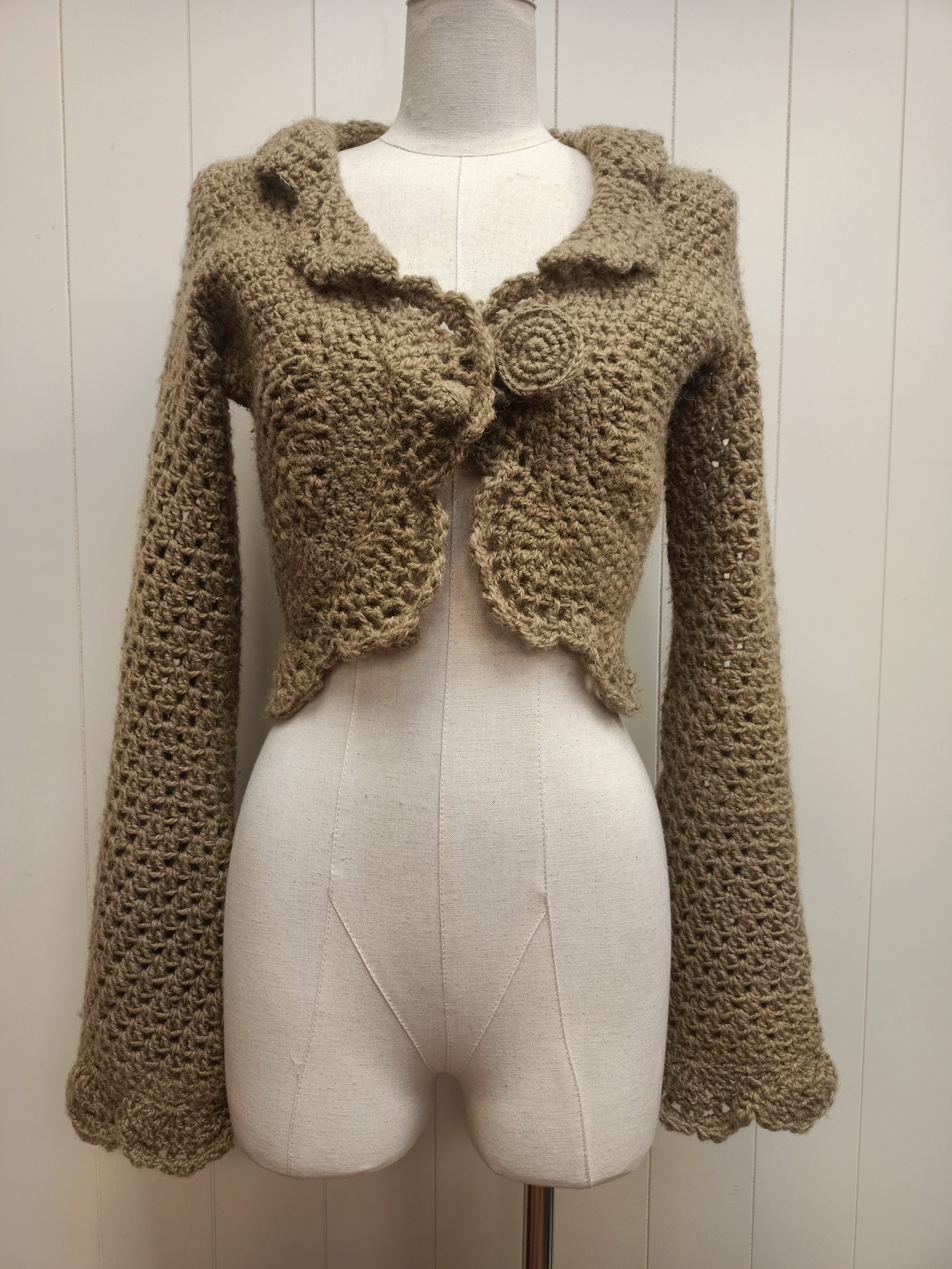 Retro Khaki Green Crochet Bolero