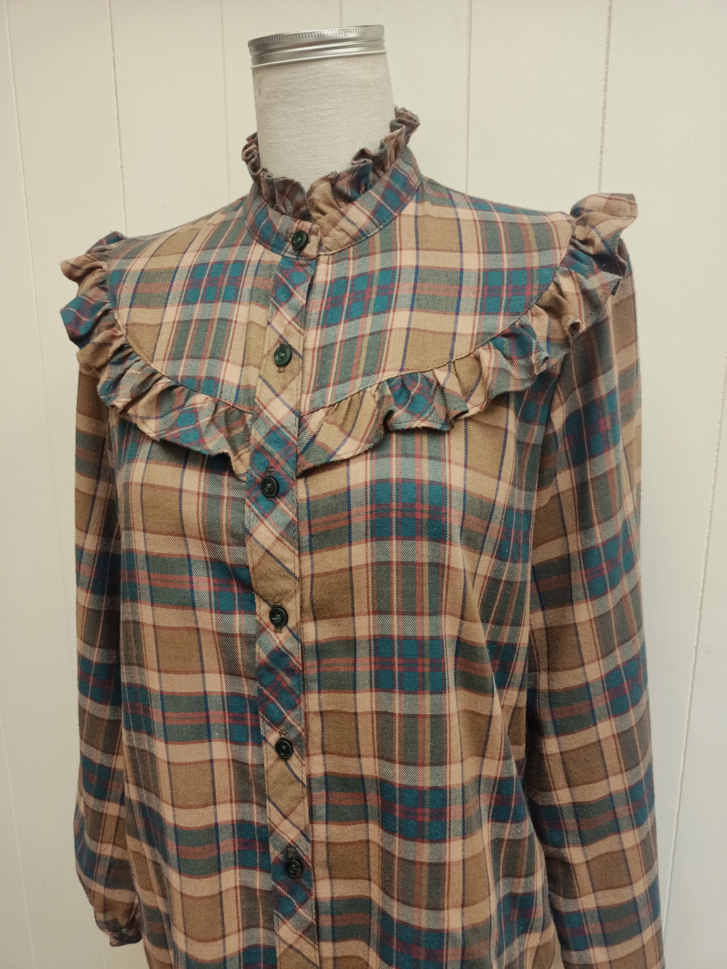 Vintage Brown Plaid Ruffle Shirt