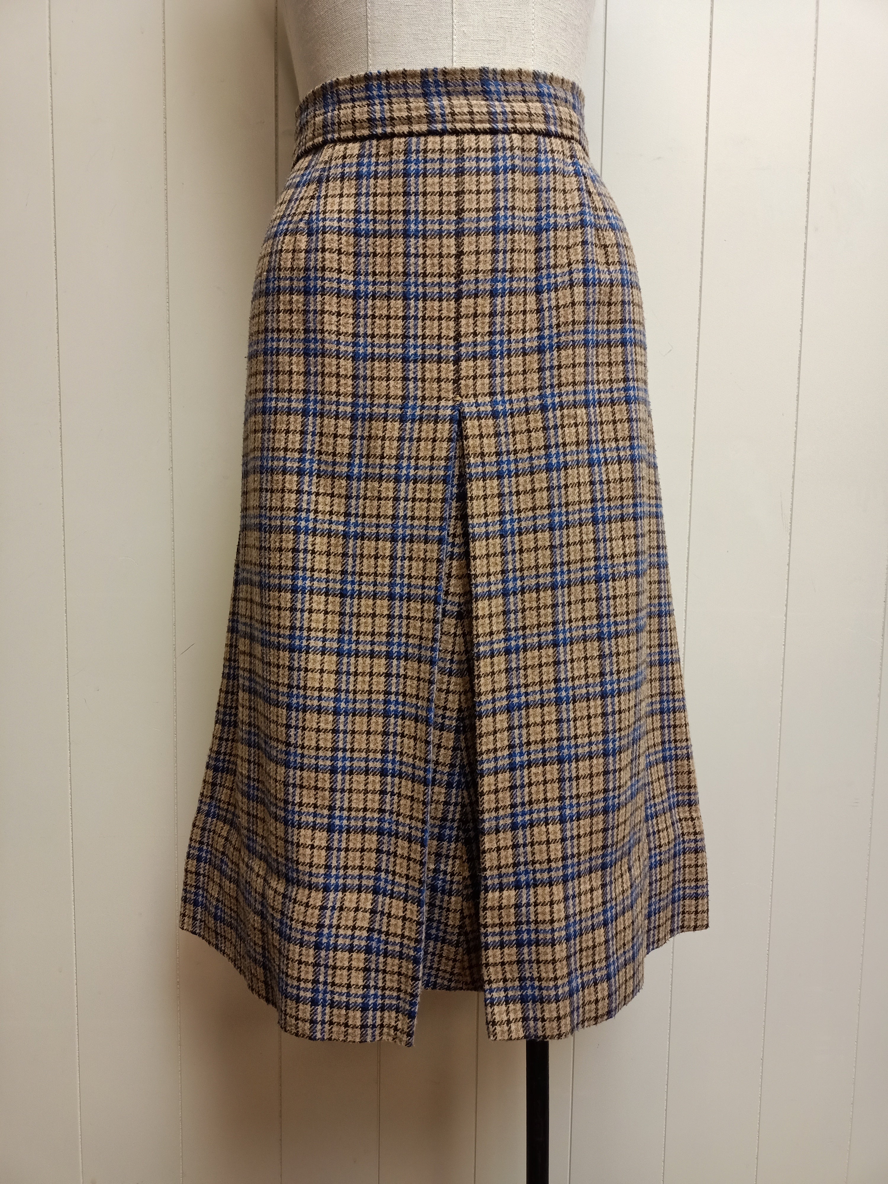 Vintage Beige and Blue Plaid Skirt