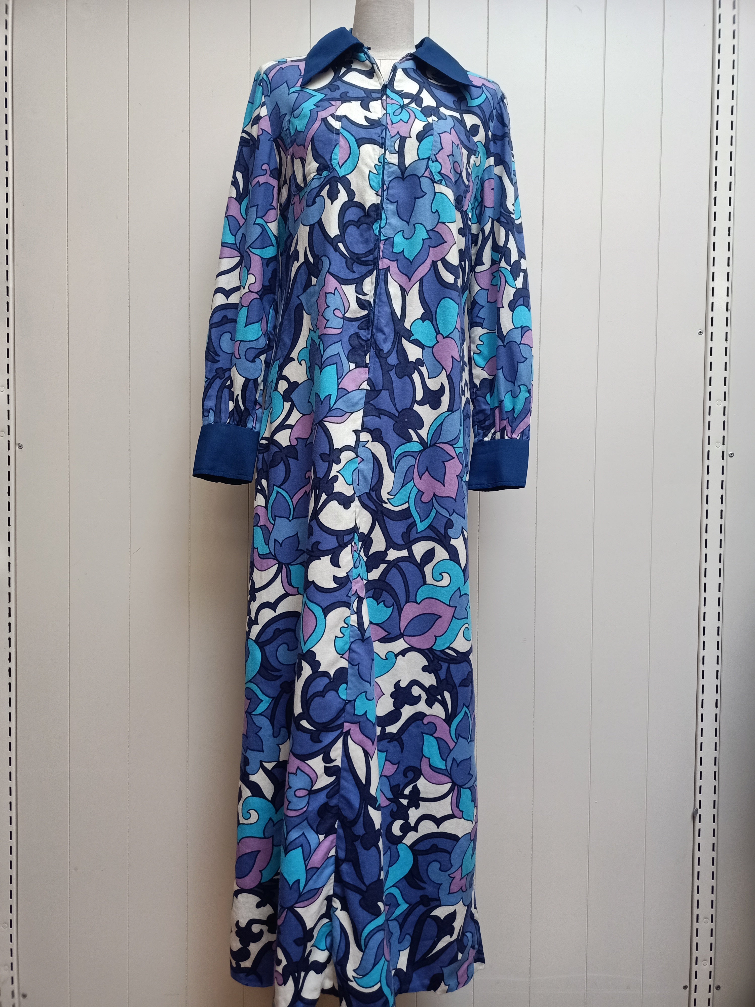 Vintage Blue Floral Zip Front Maxi Dress