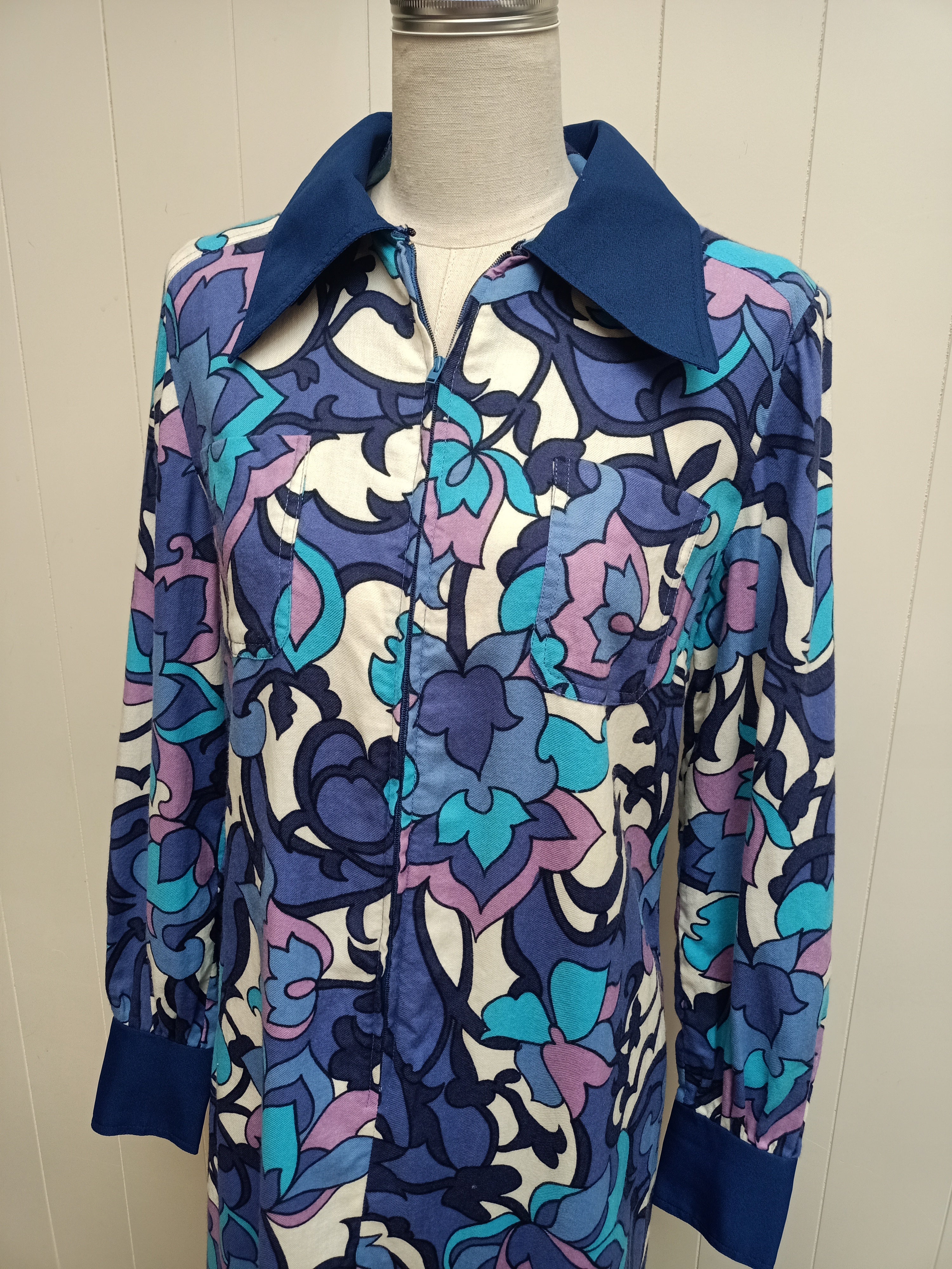 Vintage Blue Floral Zip Front Maxi Dress