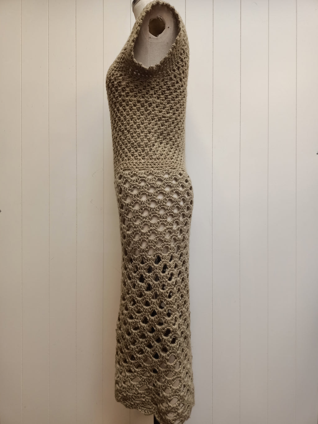 Retro Khaki Green Crochet Dress