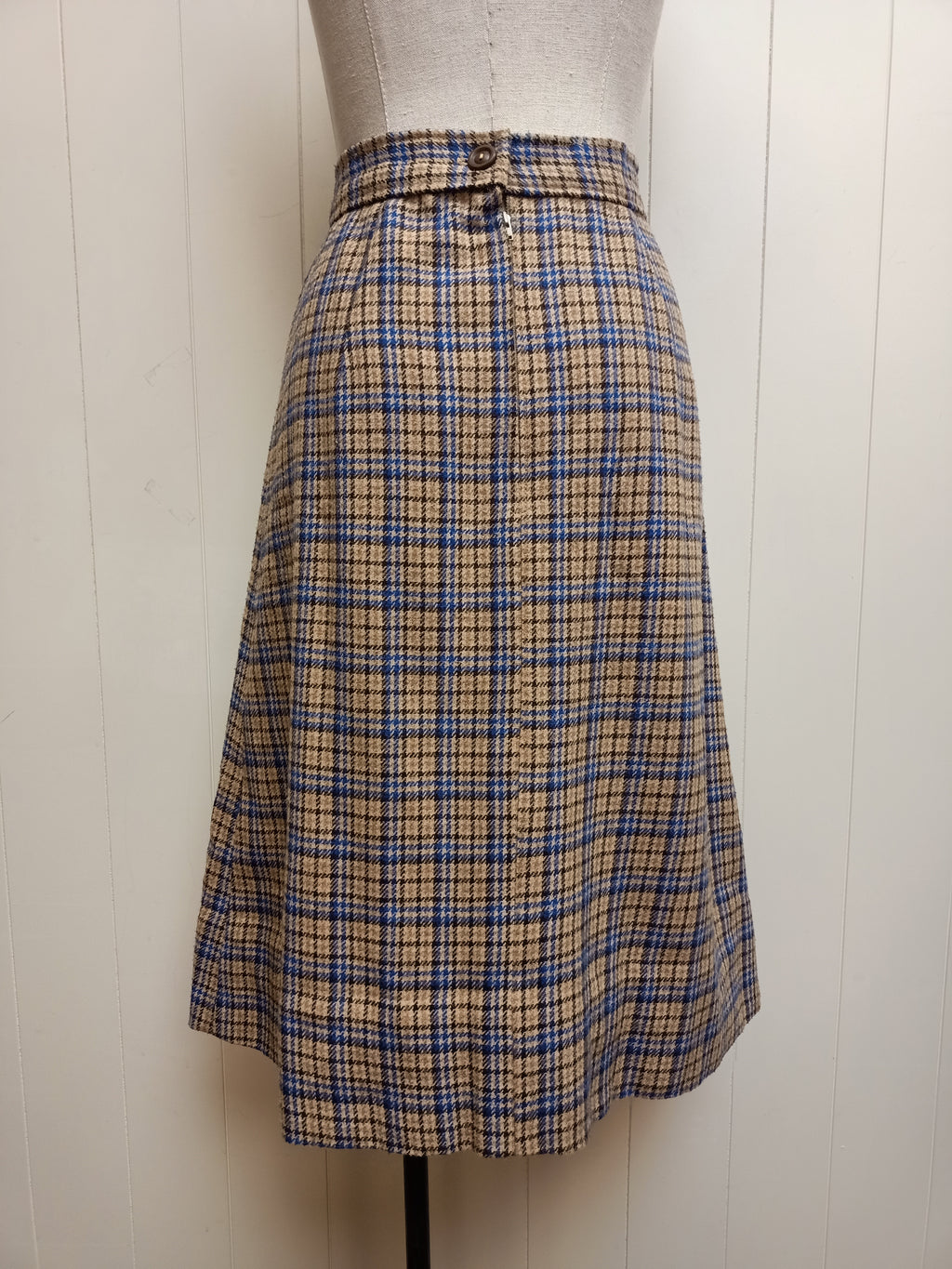 Vintage Beige & Blue Plaid Skirt
