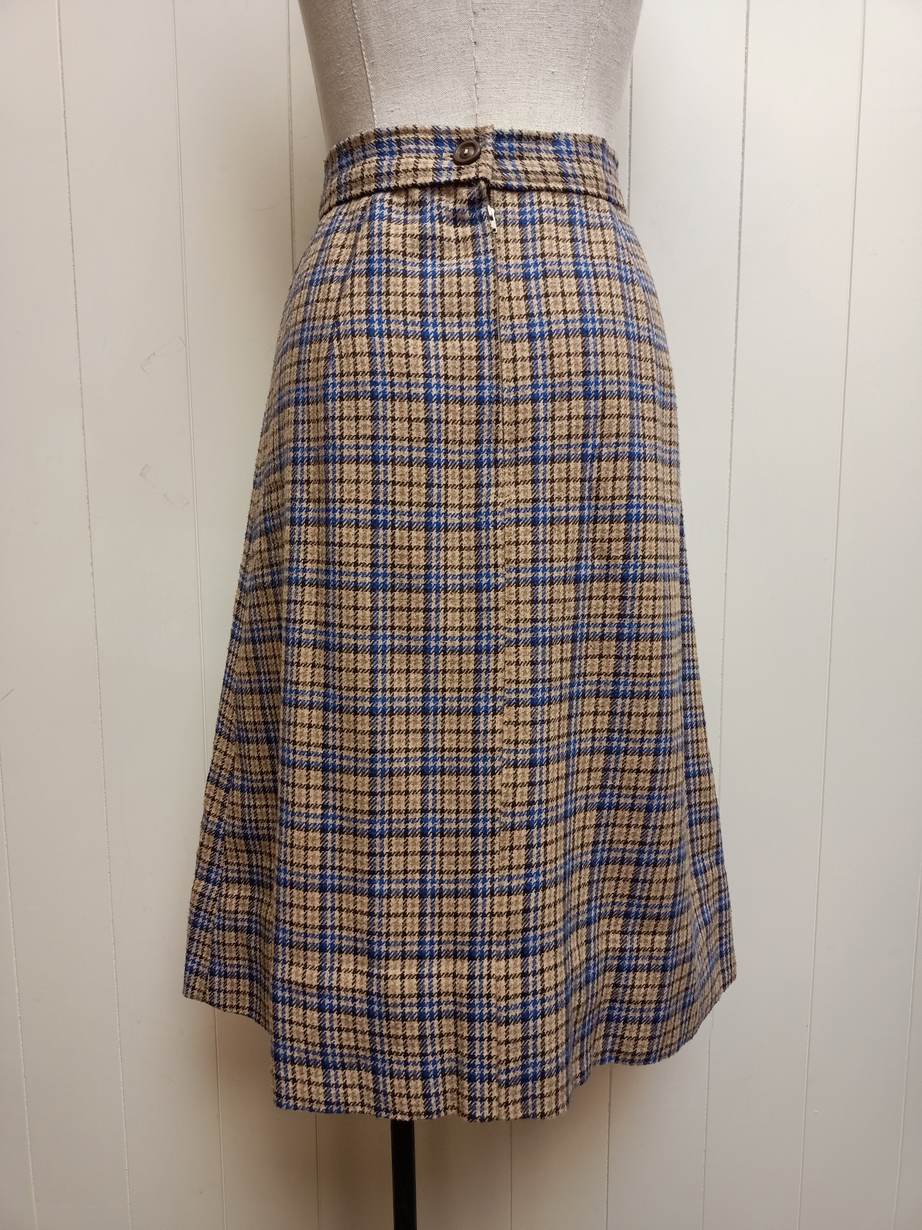 Vintage Beige and Blue Plaid Skirt