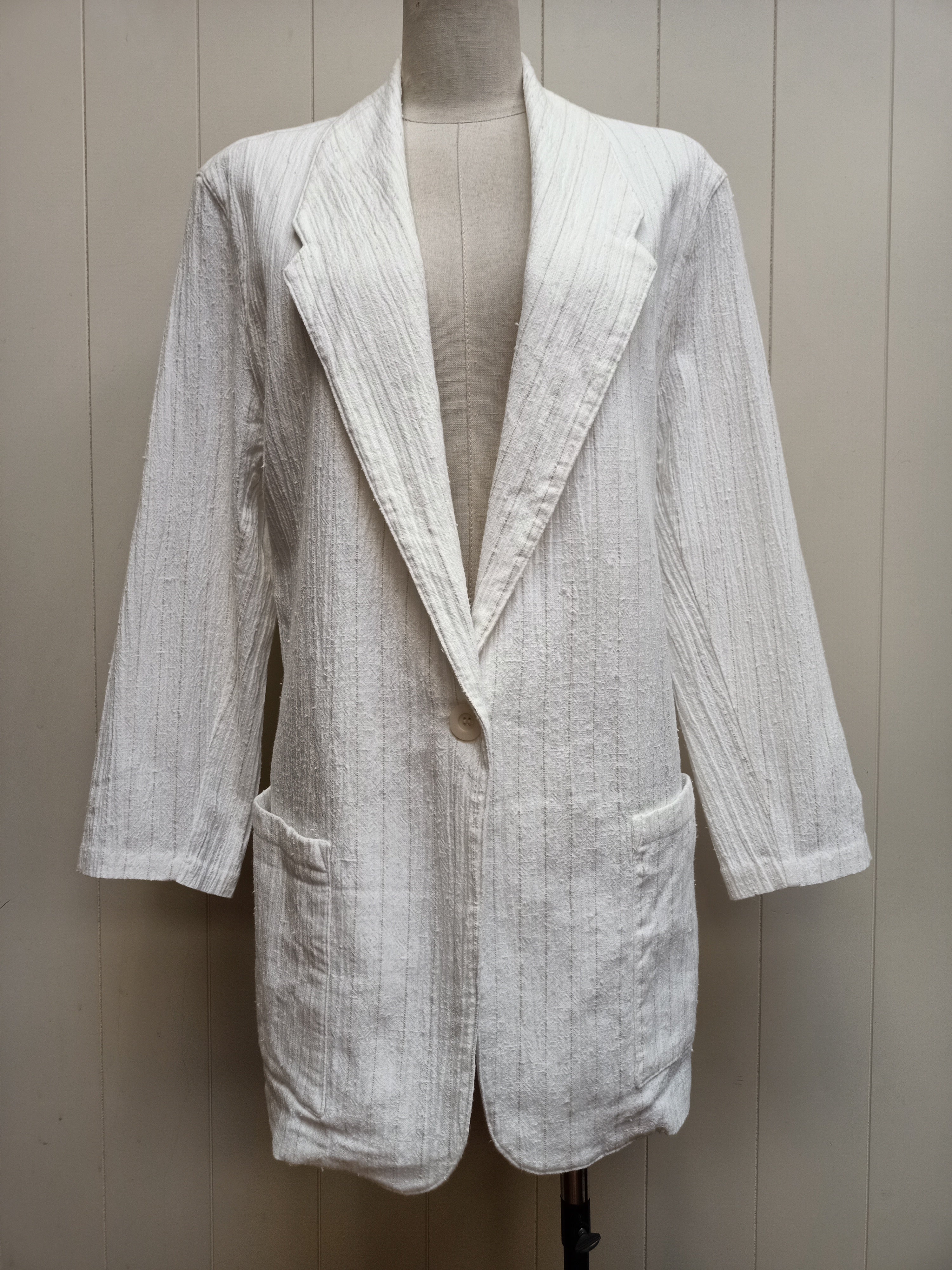 Vintage Crinkle Slub White Striped Blazer