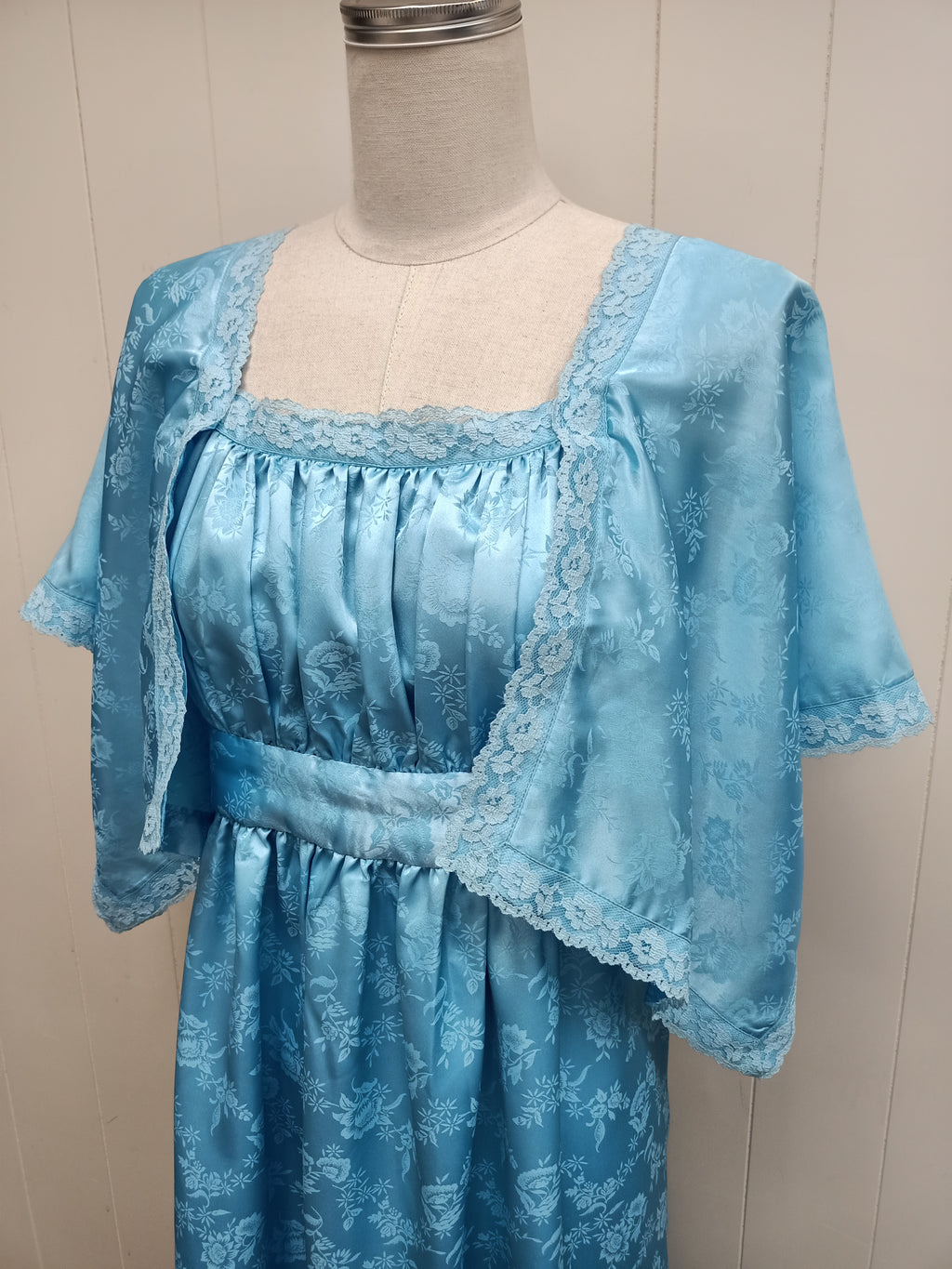 Vintage Blue Satin Brocade Maxi Dress