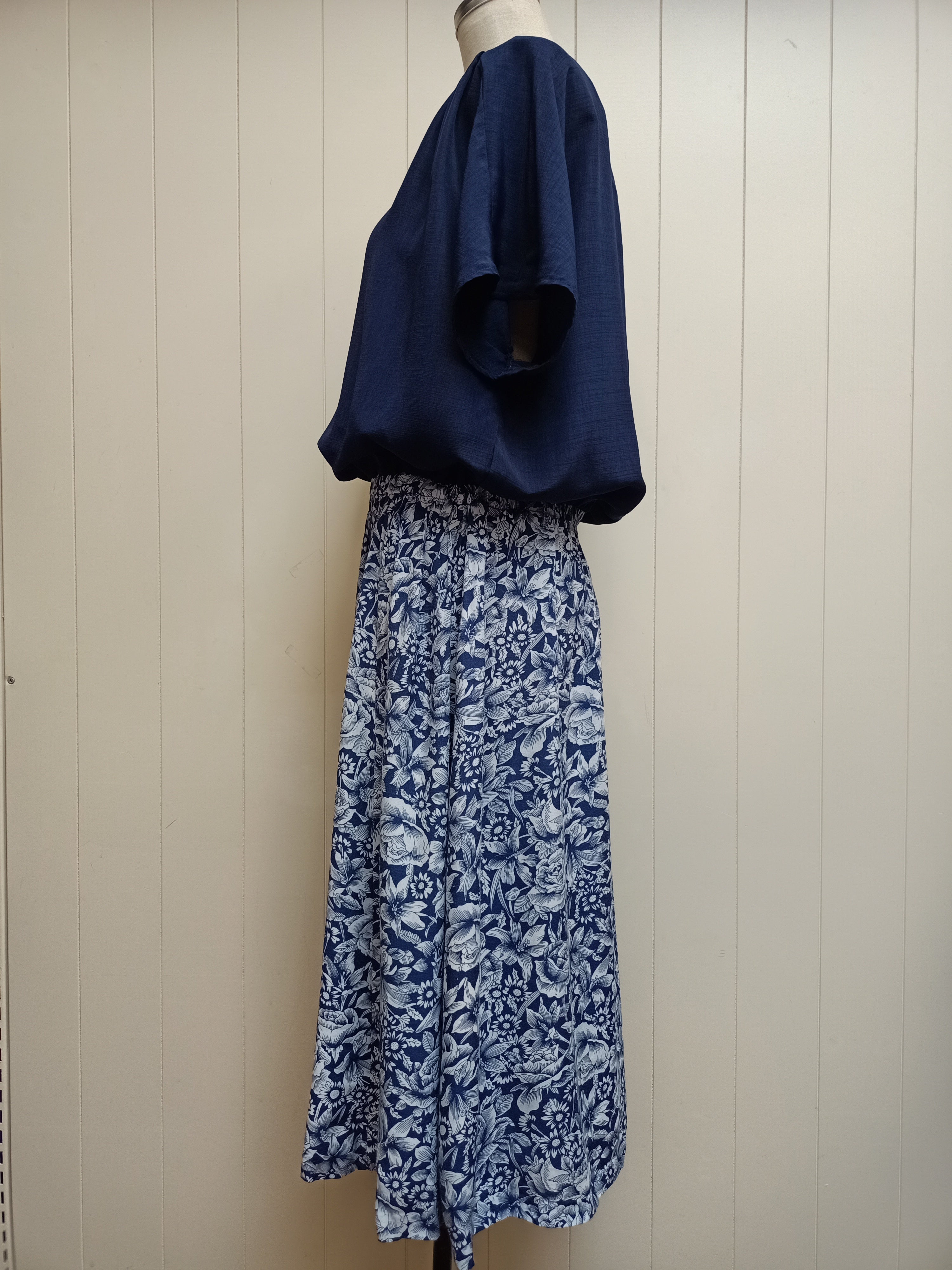 Vintage Solid & Floral Navy Dress