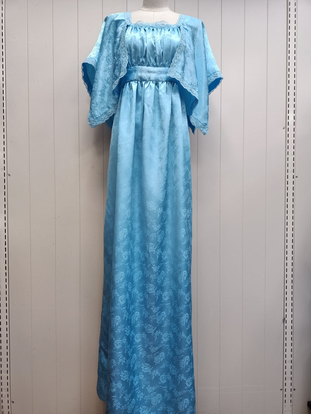 Vintage Blue Satin Brocade Maxi Dress