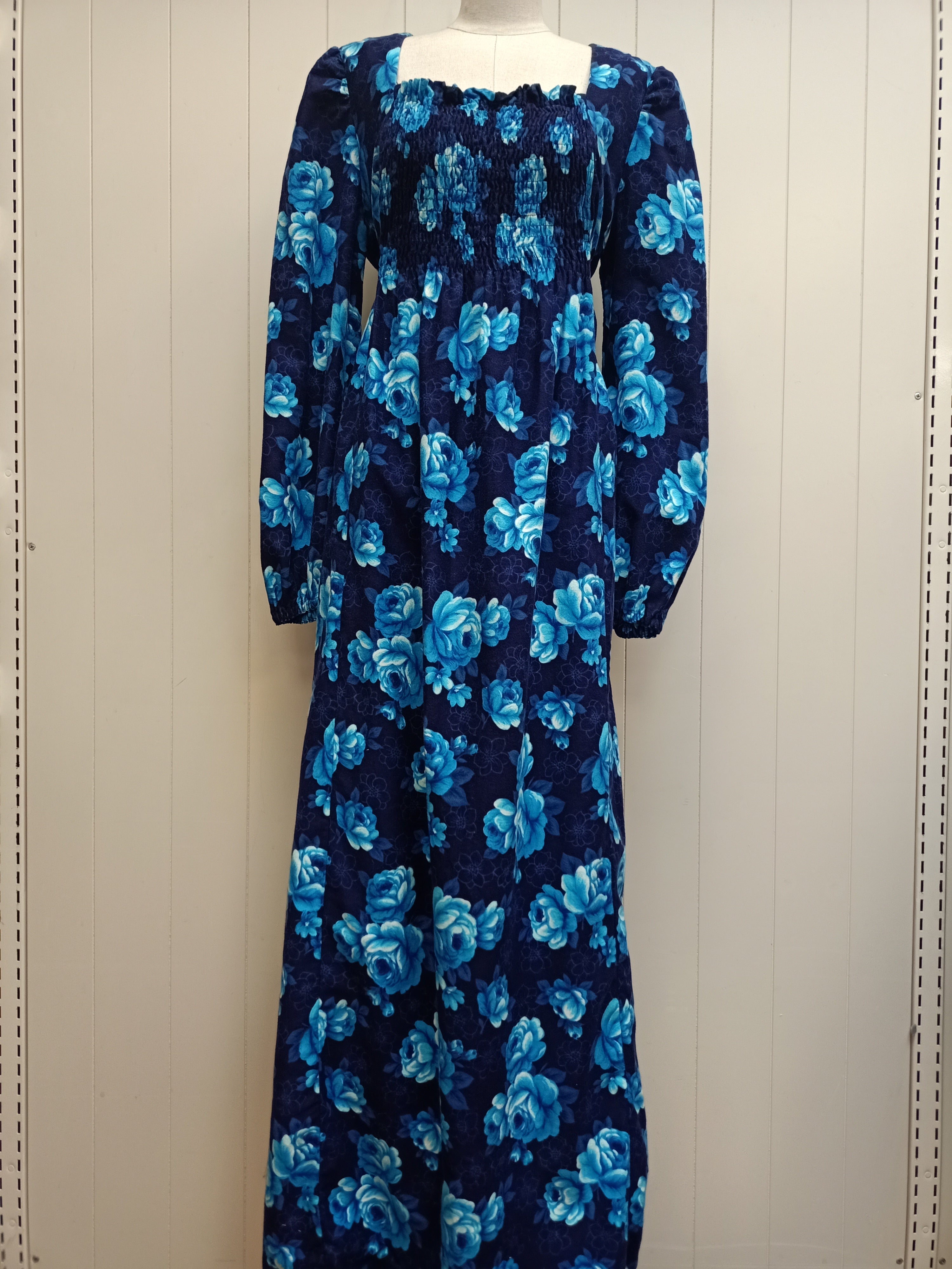 Vintage Blue Floral Shirred Maxi Dress