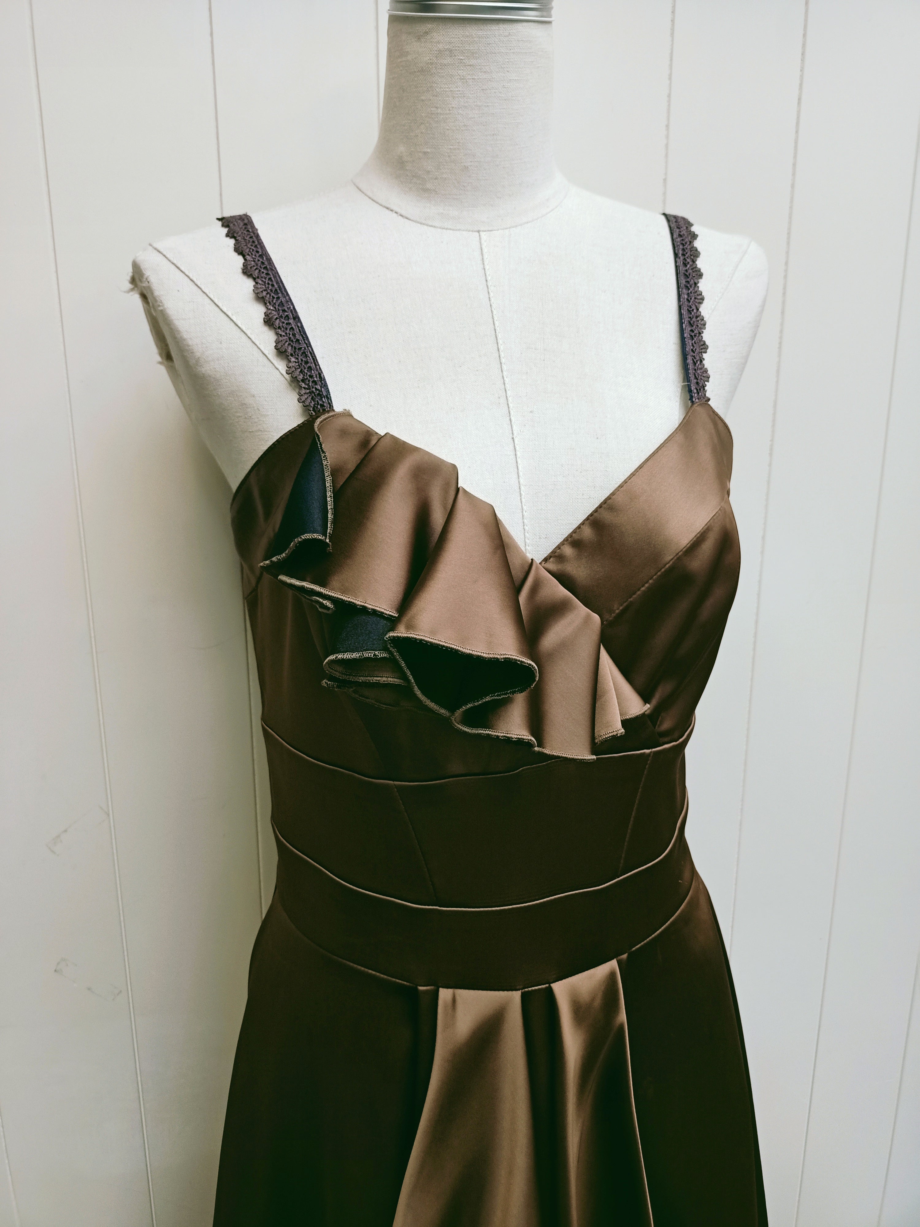 Cue Olive Brown Ruffle Satin Dress