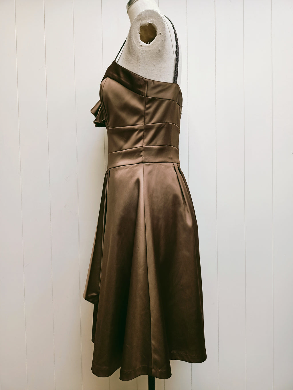 Cue Olive Brown Ruffle Satin Dress