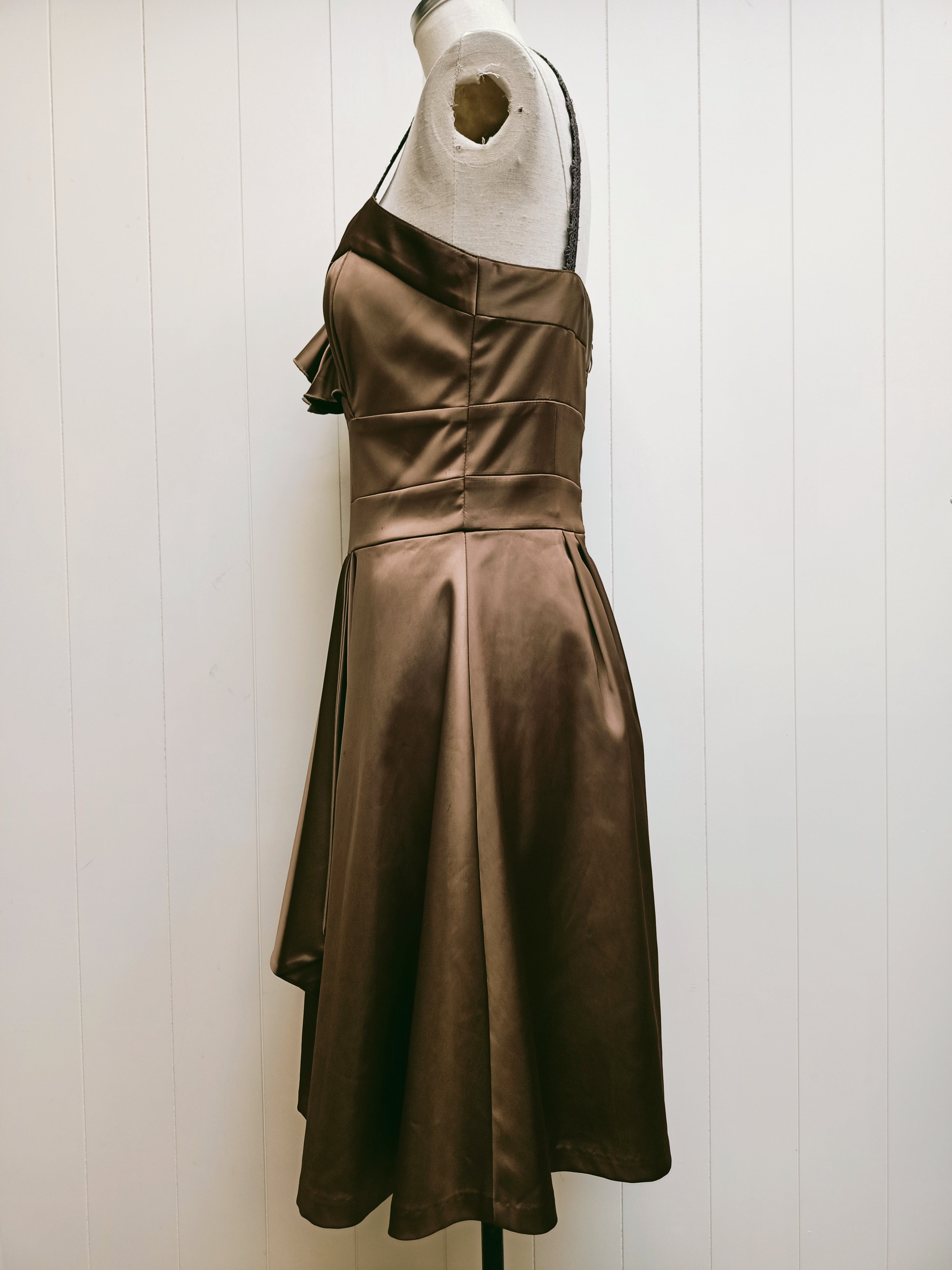 Cue Olive Brown Ruffle Satin Dress