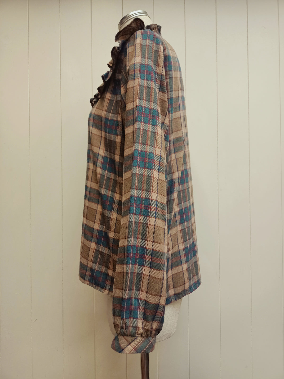 Vintage Brown Plaid Ruffle Shirt